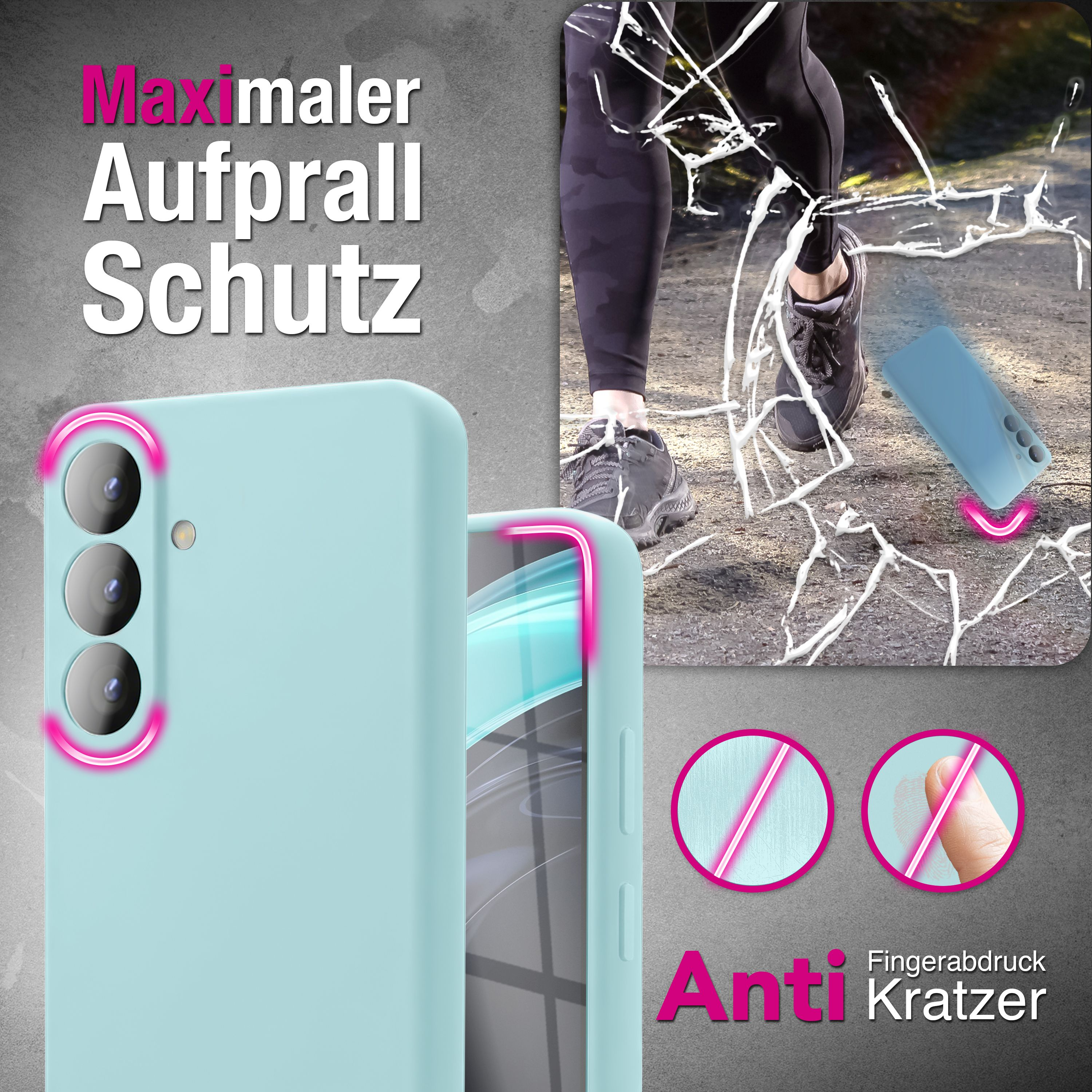 Blaue Schutzhülle mit Kameras, Fallschutz-Illustration und Anti-Kratzer-Symbolen.