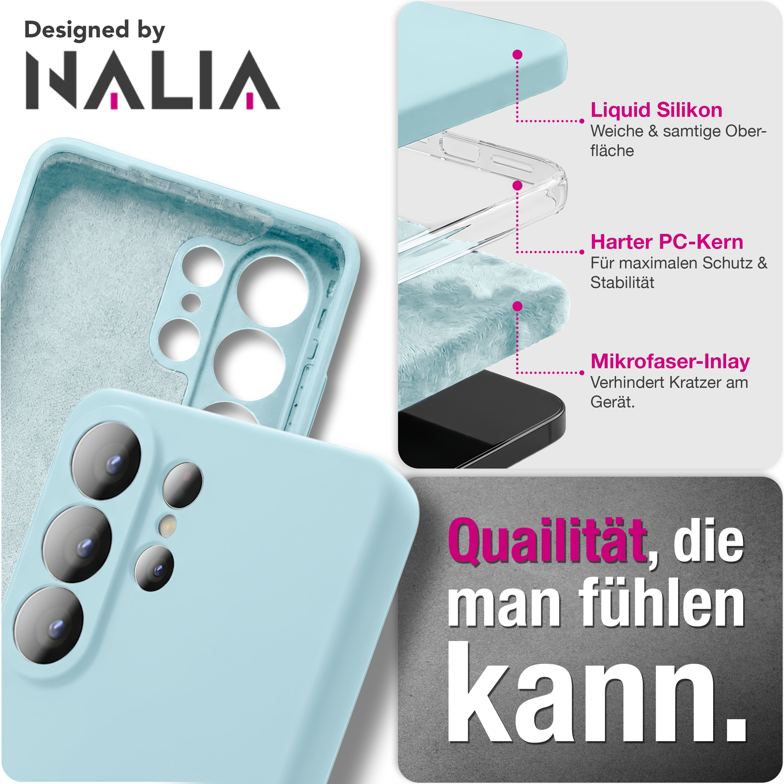 Blaue Handyhülle mit Schichten: Silikon, PC-Kern und Mikrofasern.