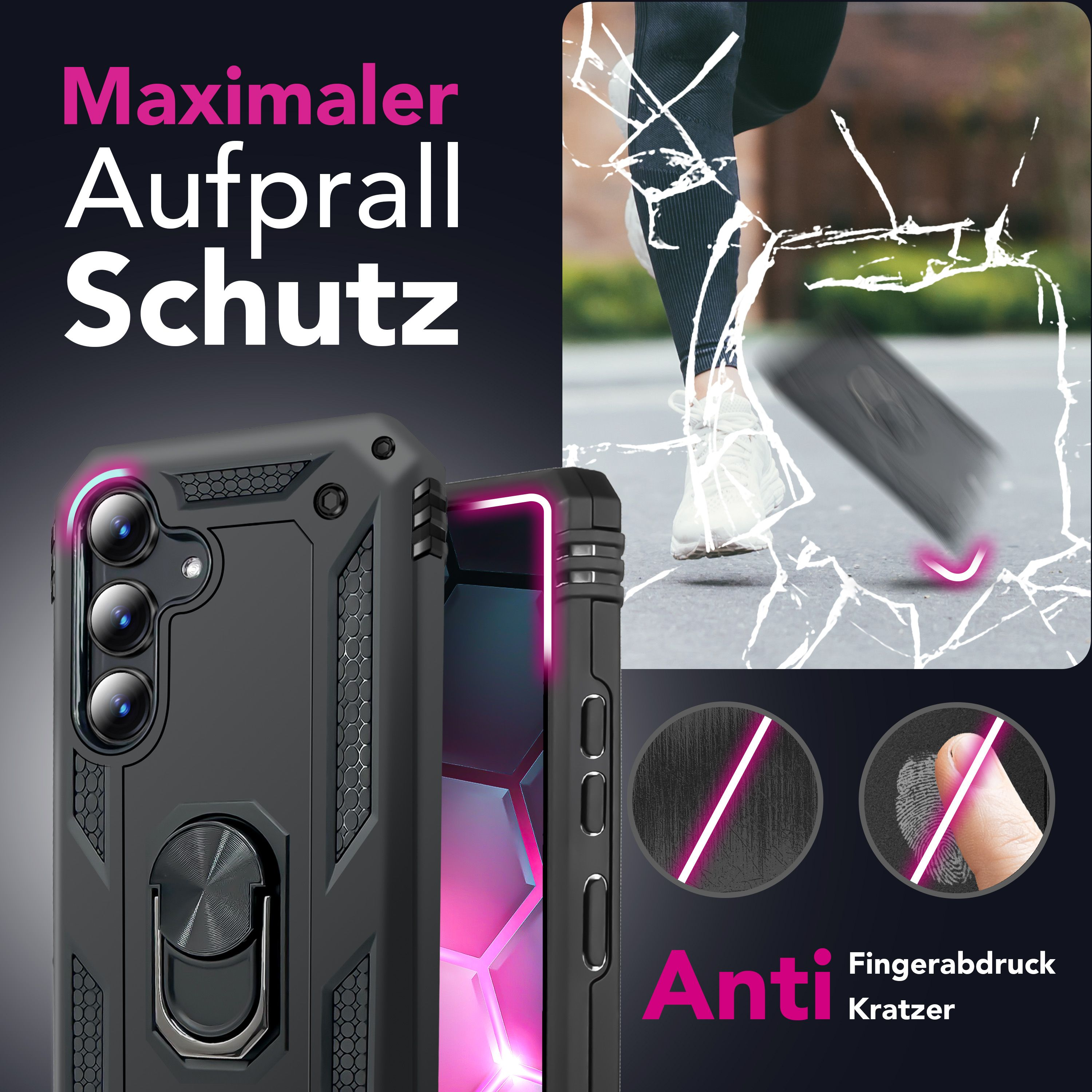 Eine robuste schwarze Handyhülle mit Ringhalterung, Fallschutz und kratzfesten sowie Anti-Fingerabdruck-Eigenschaften.