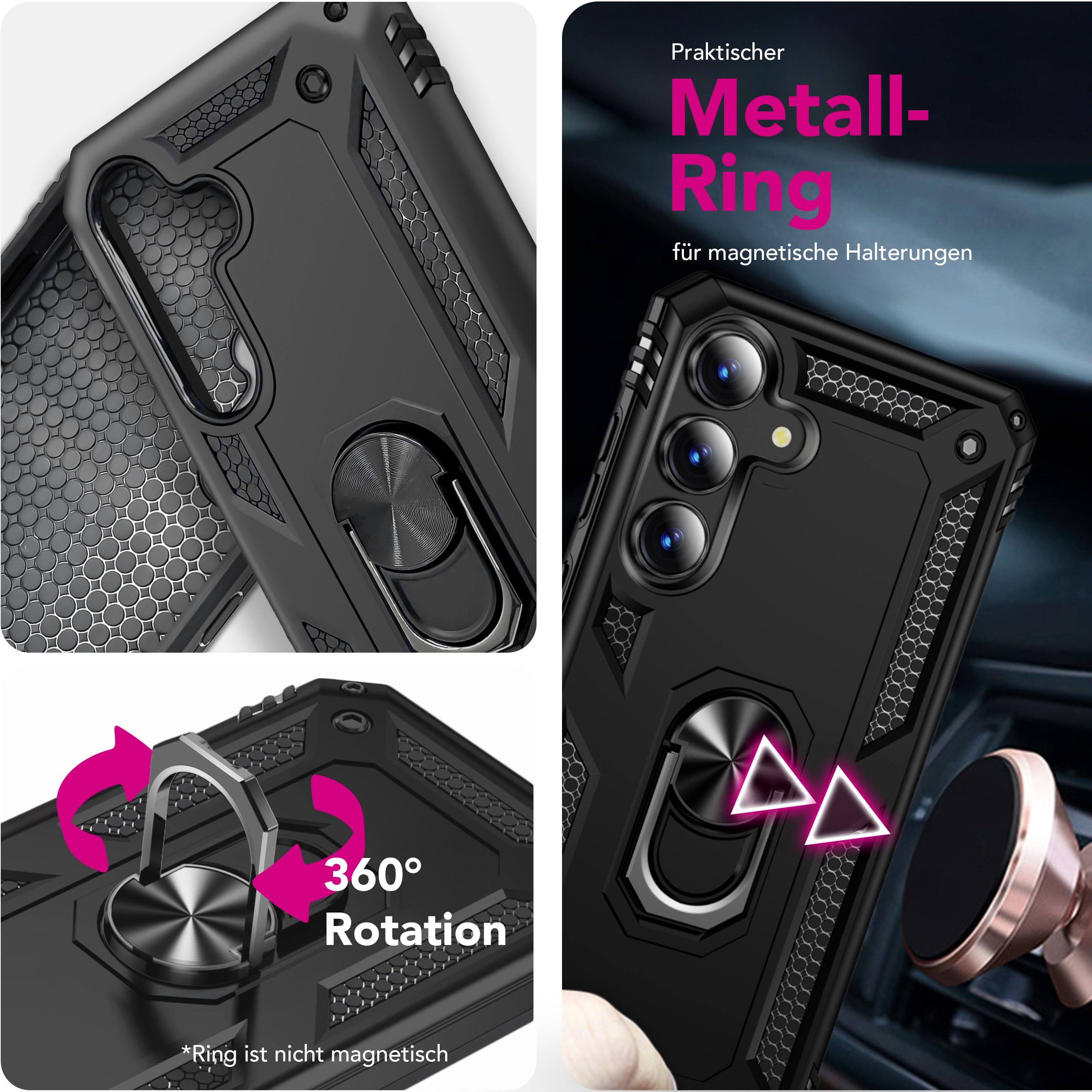 Schwarze Schutzhülle mit 360-Grad drehbarem Metallring für magnetische Halterungen, aus verschiedenen Blickwinkeln.