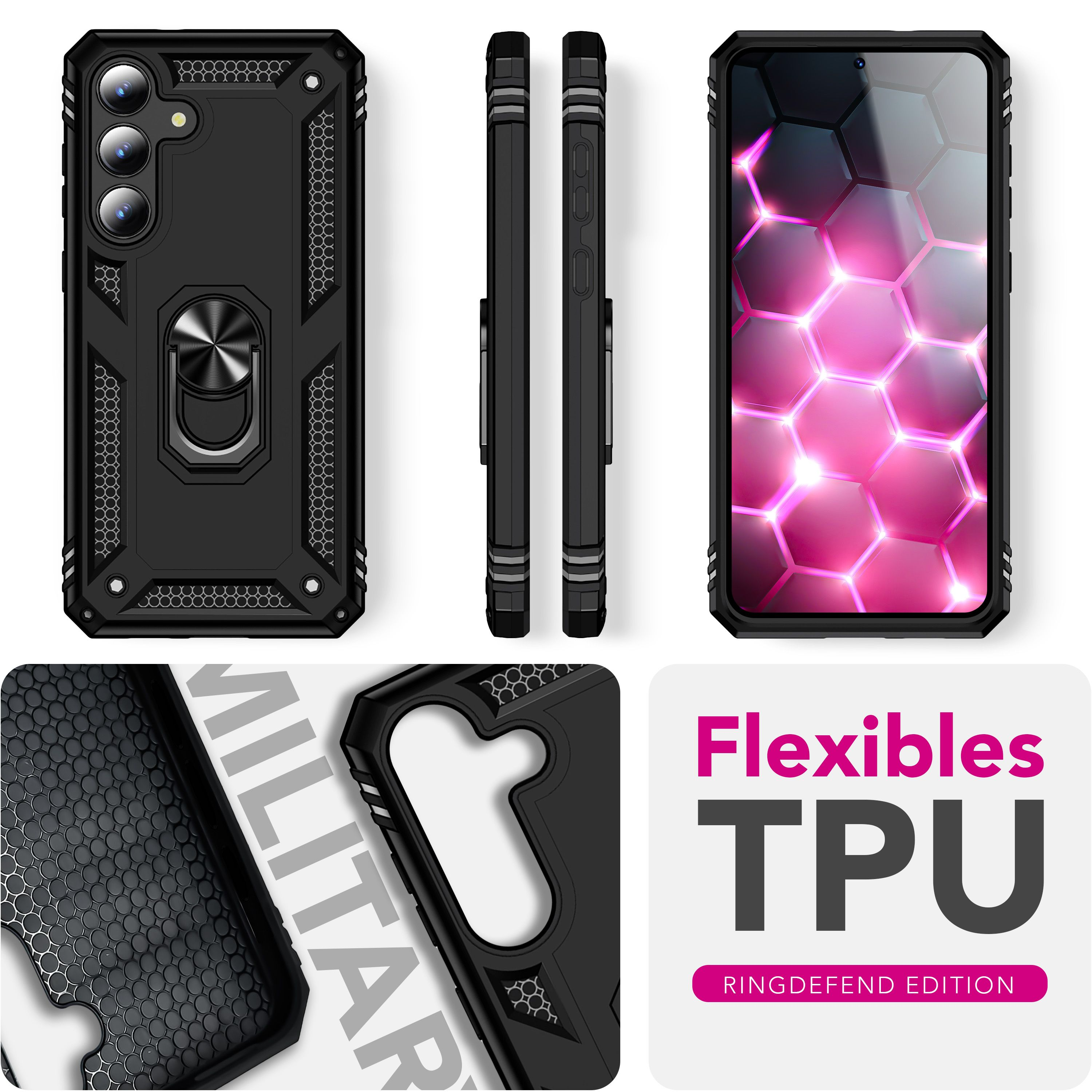 Robustes schwarzes Handycover mit Ringständer, gezeigt aus mehreren Winkeln mit TPU-Details und leuchtendem Bildschirm.