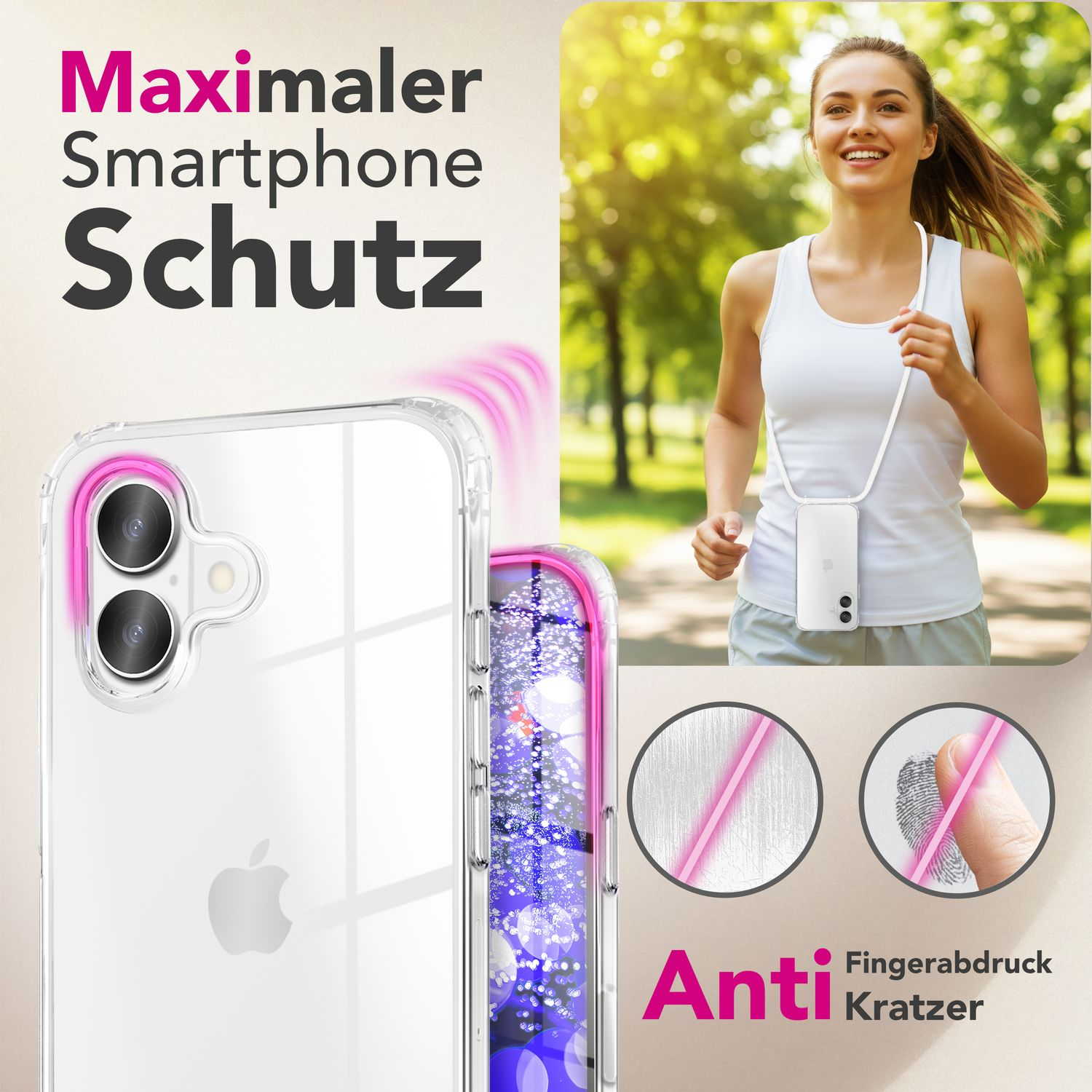 Eine Frau läuft mit Handykette. Links ist eine transparente Schutzhülle mit Anti-Kratzer und Anti-Fingerabdruck Icons.