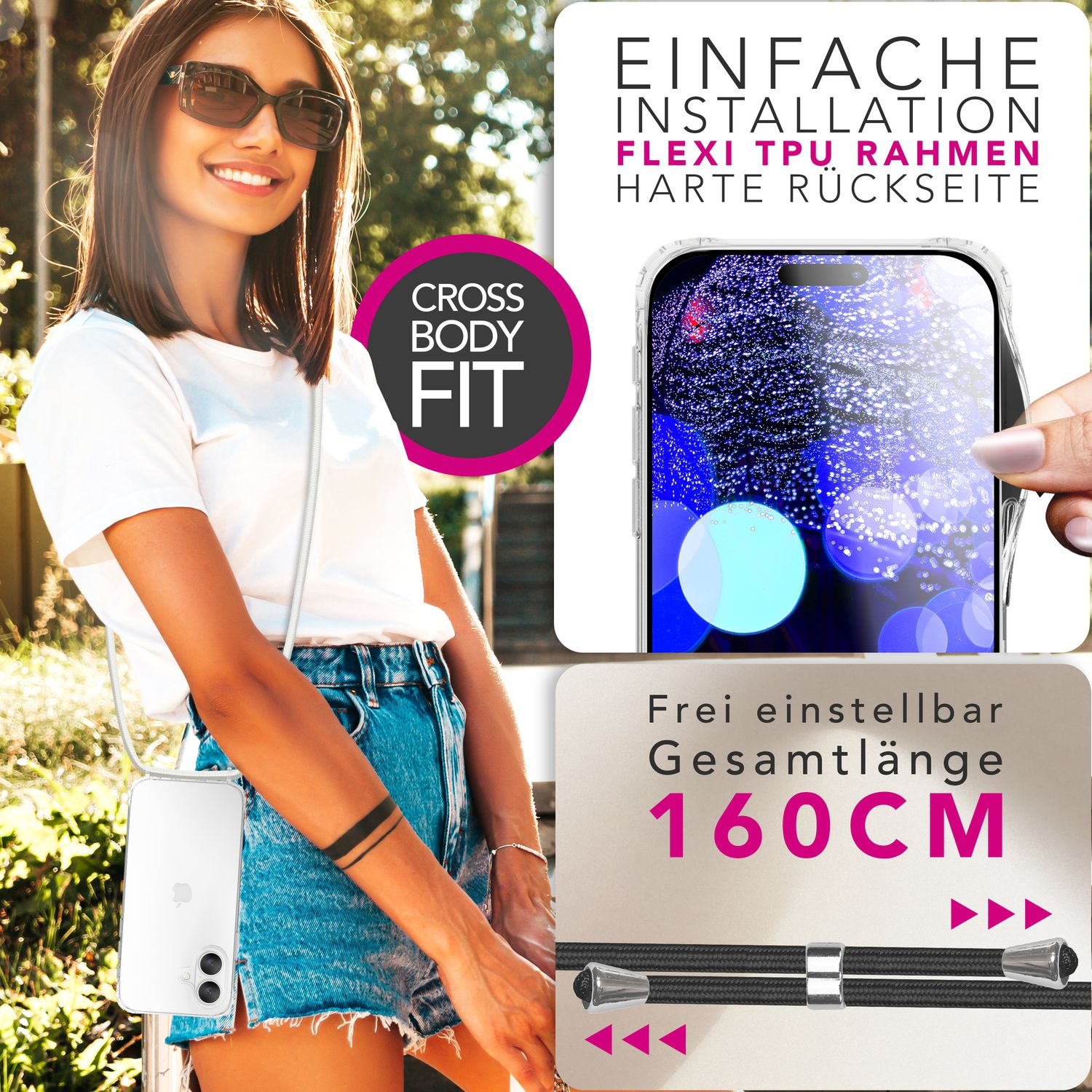 Eine Frau mit einer Umhänge-Handyhülle und Texten zu Installation und 160cm verstellbarem Gurt.