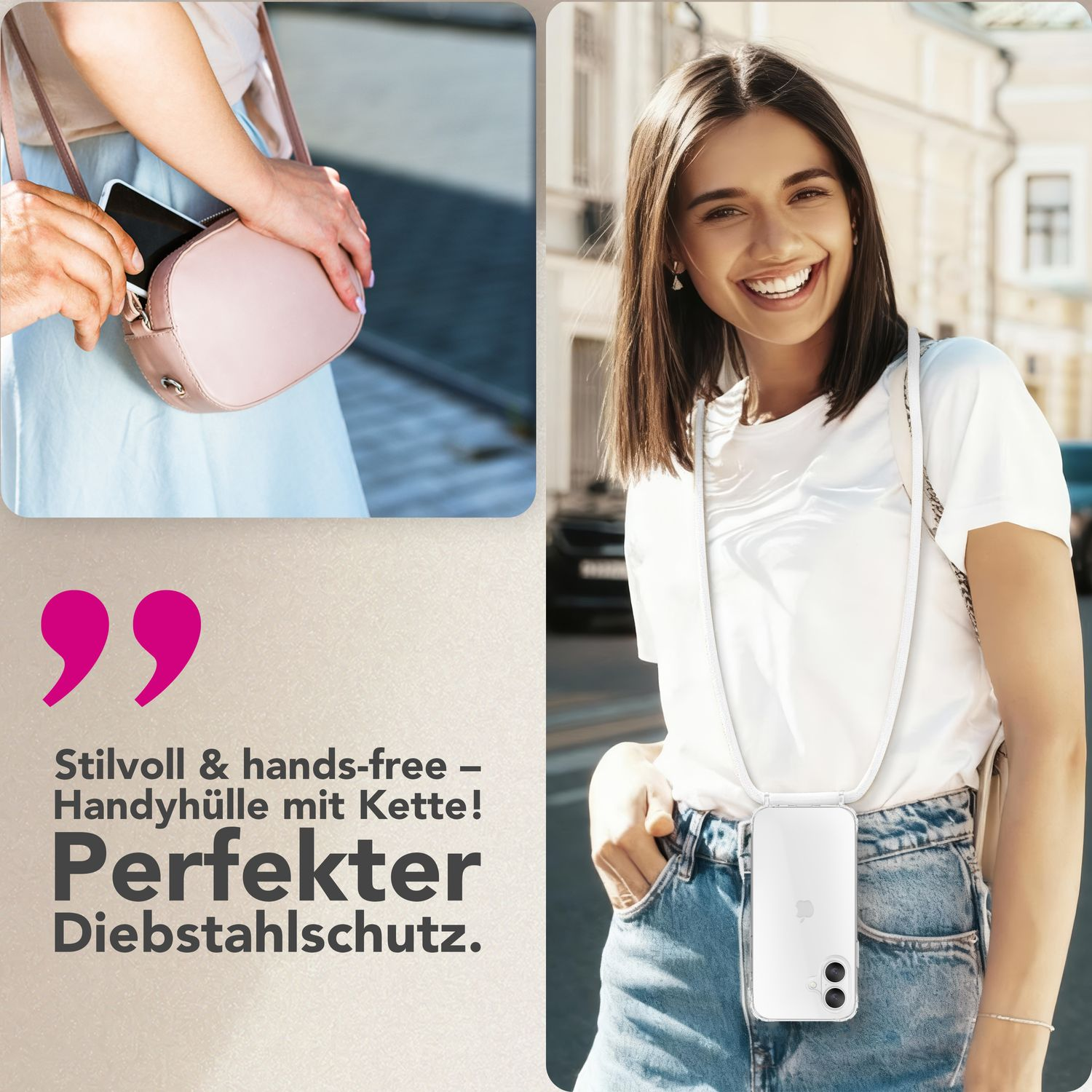 Eine Frau trägt ein Smartphone um den Hals mit einer Hülle und Kette, daneben ein Zitat auf Deutsch.