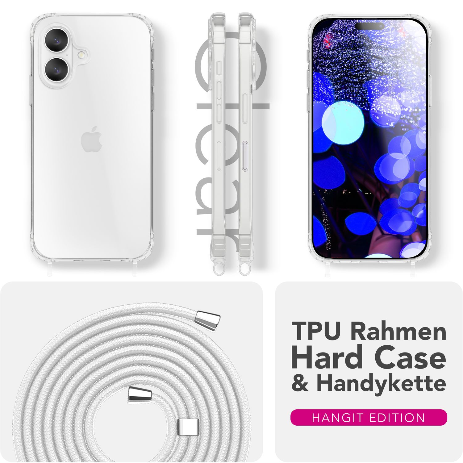 Transparente Handyhülle mit weißer Kordel, TPU-Rahmen und Hardcase für Apple iPhone.