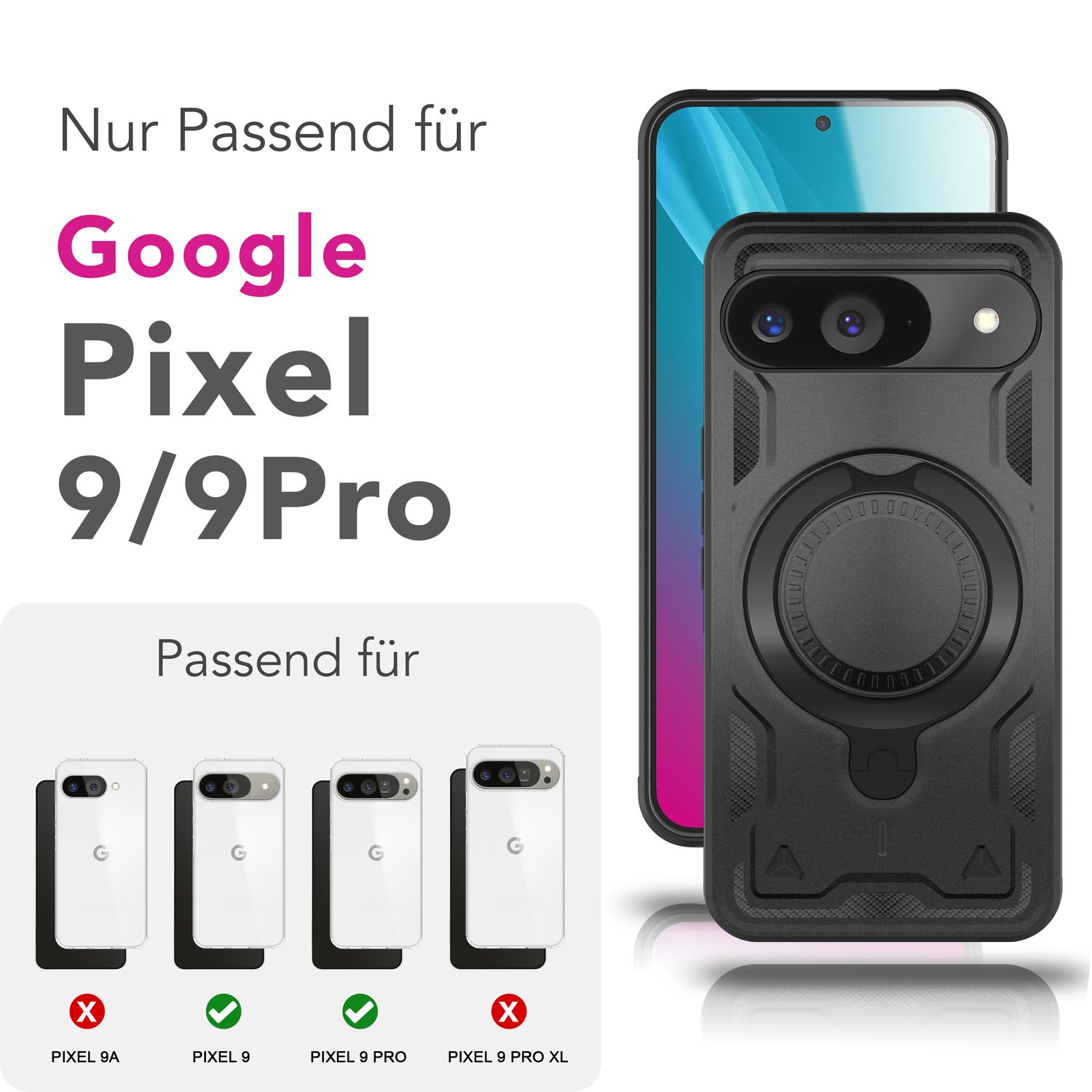 Eine schwarze, robuste Handysülle mit rundem Magnetring-Ständer und Google Pixel-Kompatibilitätssymbolen.