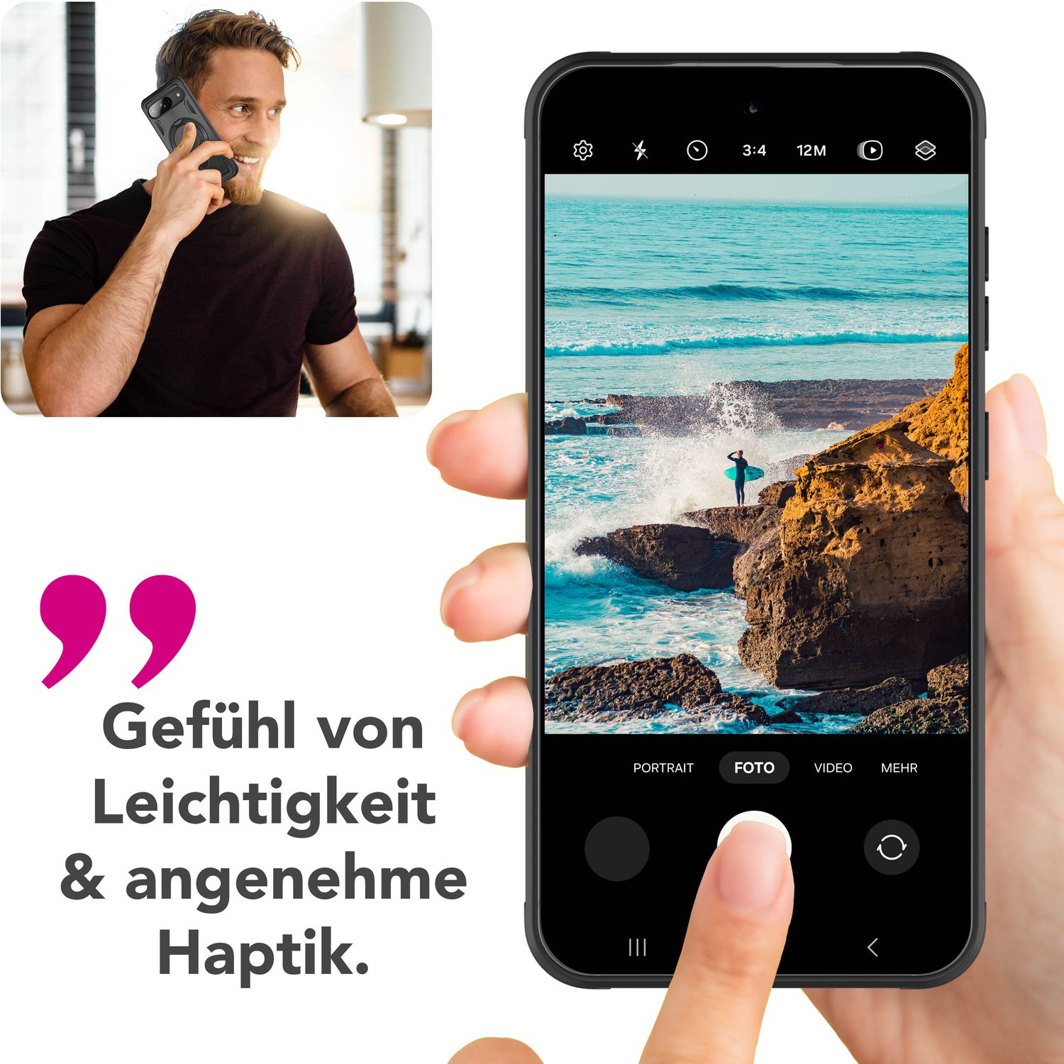 Eine Hand hält ein Smartphone mit einem Surfer-Bild auf dem Bildschirm, links ist ein lächelnder Mann zu sehen.