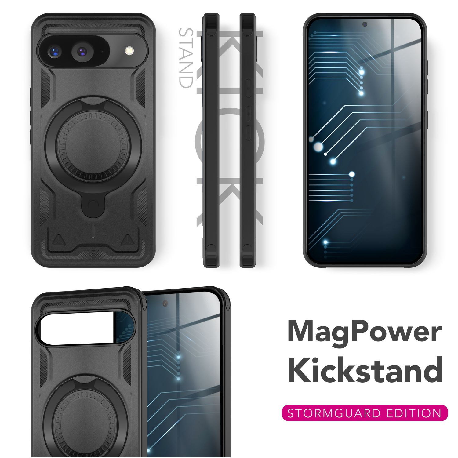 Schwarze MagPower Kickstand Schutzhülle mit Ring und Ständer für Smartphones.