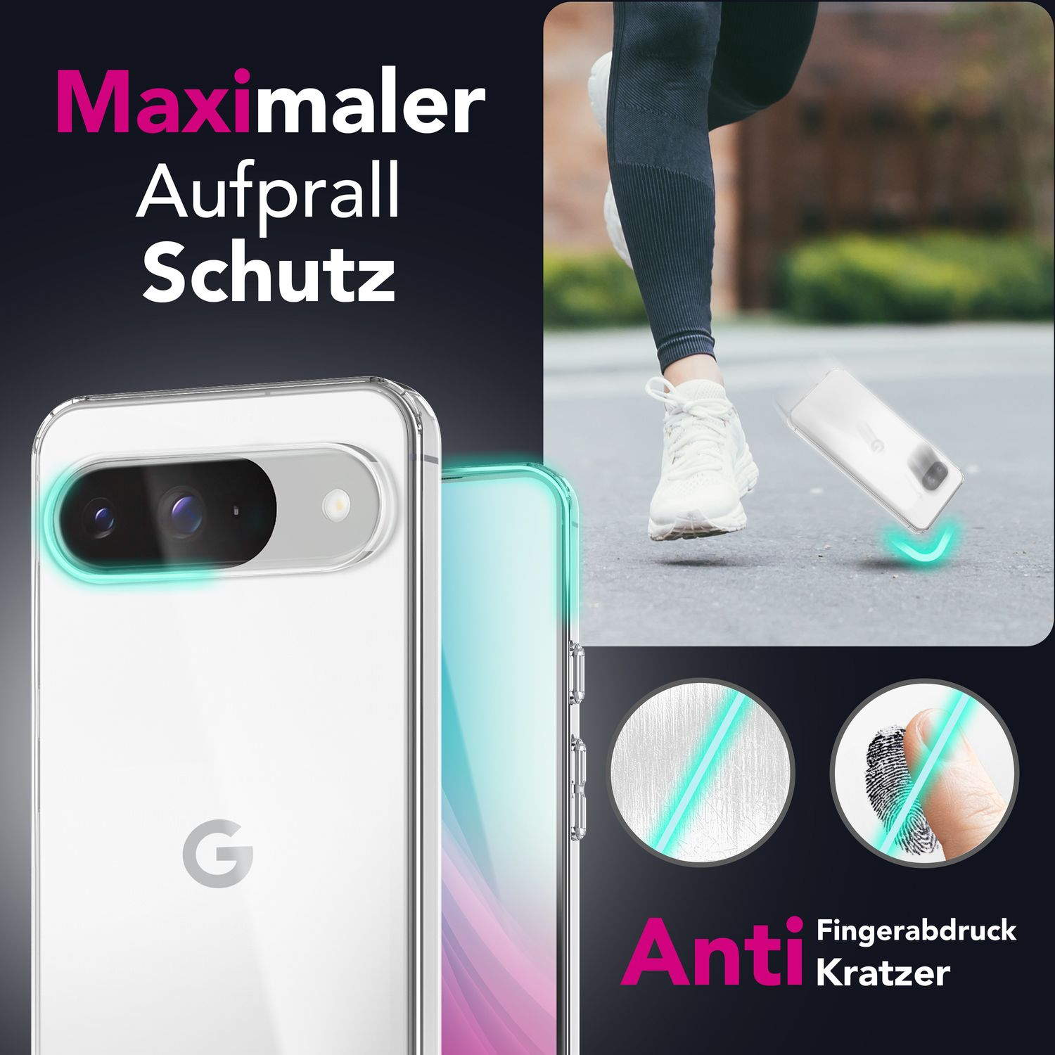 Una custodia trasparente protegge uno smartphone da cadute, graffi e impronte digitali.