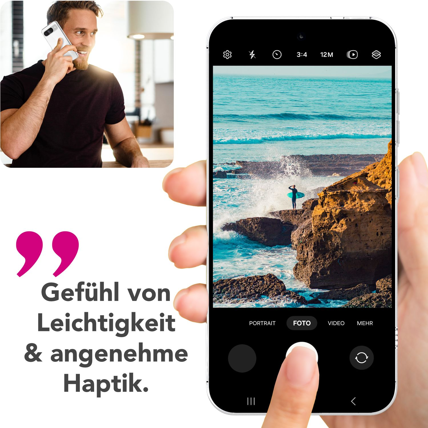 Uno smartphone mostra la foto di un surfista all'oceano mentre un uomo telefona.