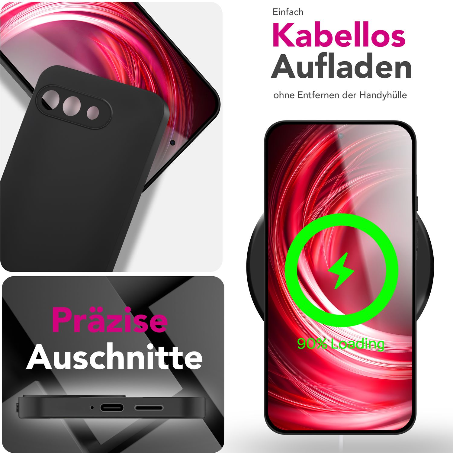 Smartphone con custodia nera su caricabatterie wireless, con testo in tedesco.