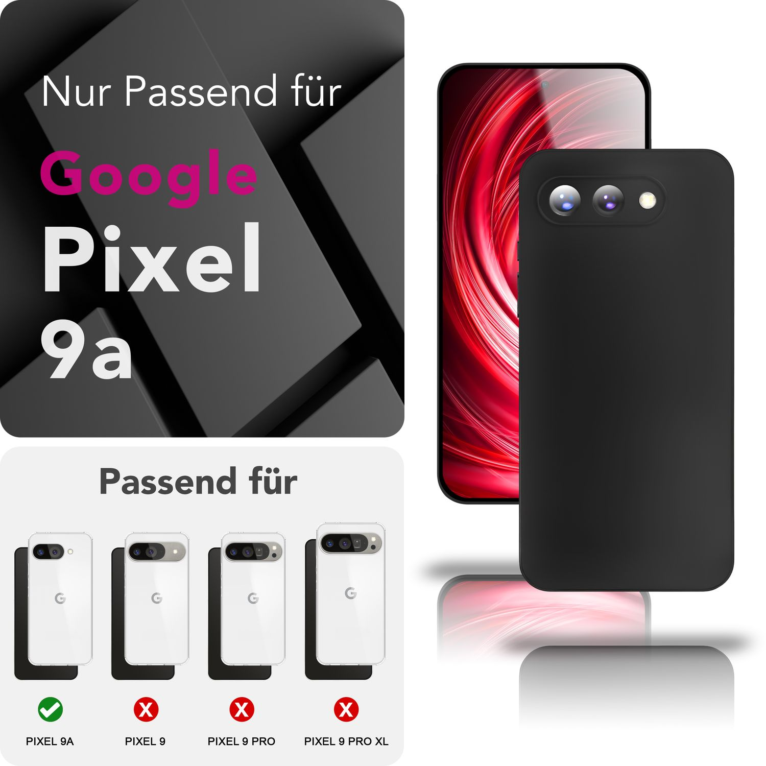 Custodia protettiva nera per Google Pixel 9a mostrata con viste frontale e posteriore e compatibilità.