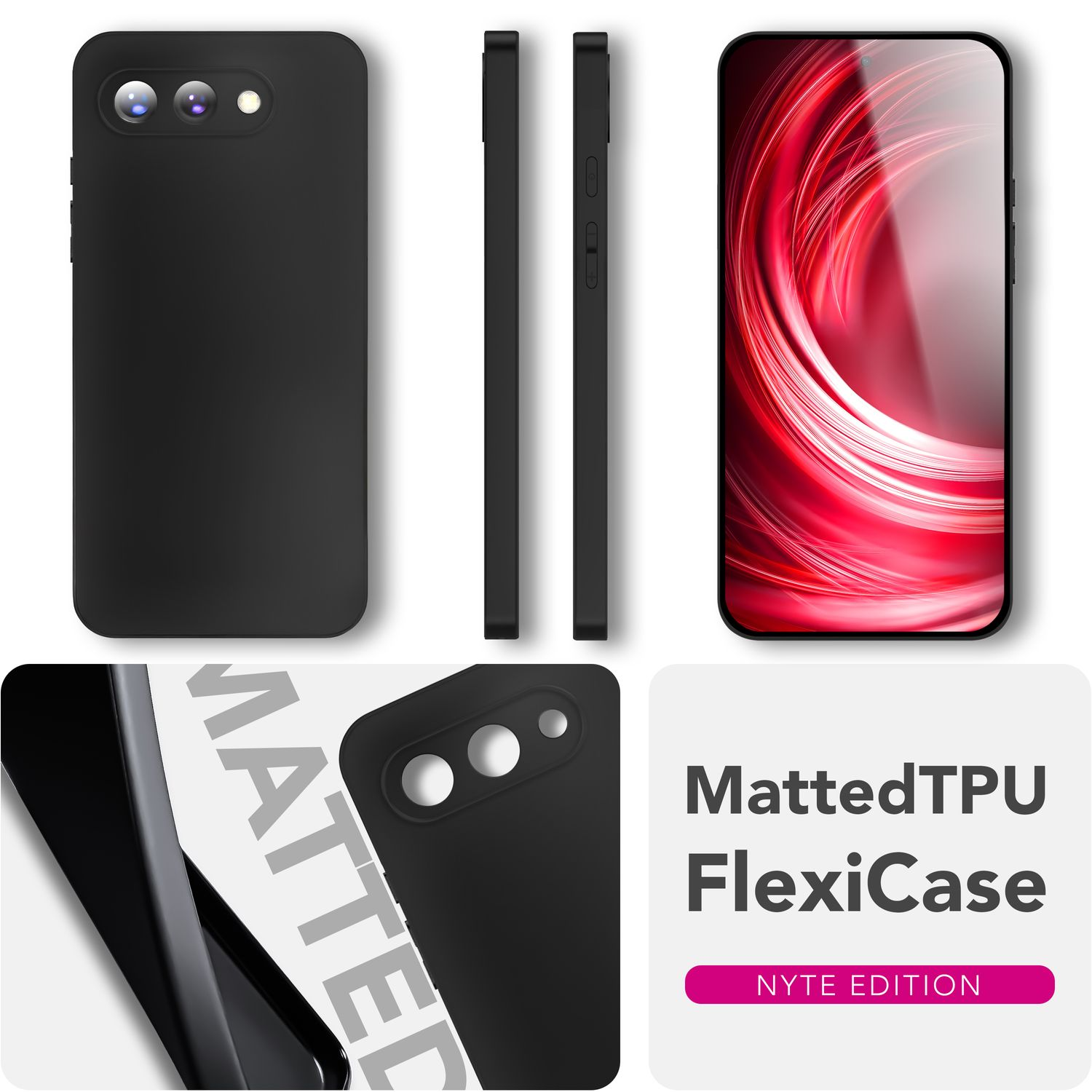 Cover per cellulare MattedTPU FlexiCase nera mostrata da più angolazioni con grafica rossa.