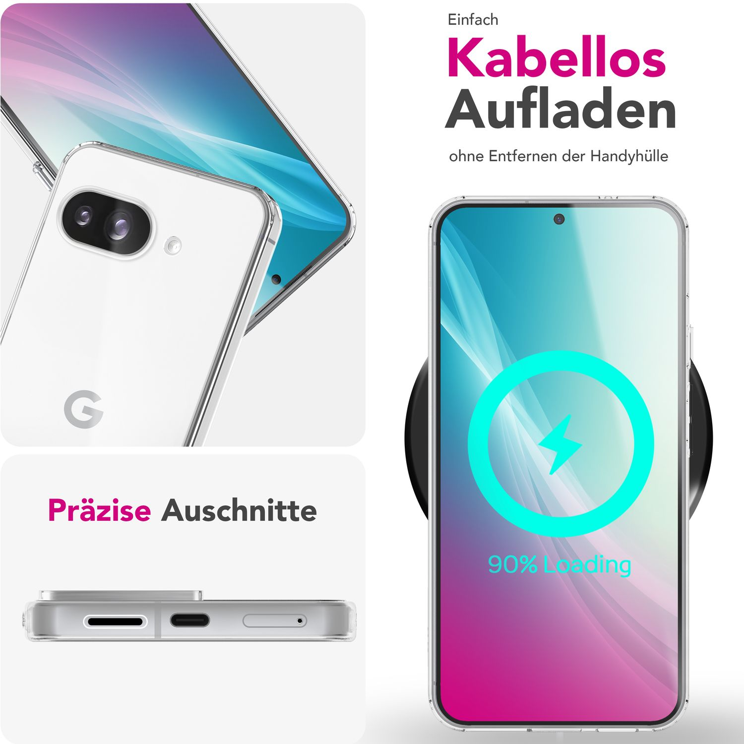 Smartphone in custodia trasparente in ricarica wireless, con dettagli di fotocamera e porte.