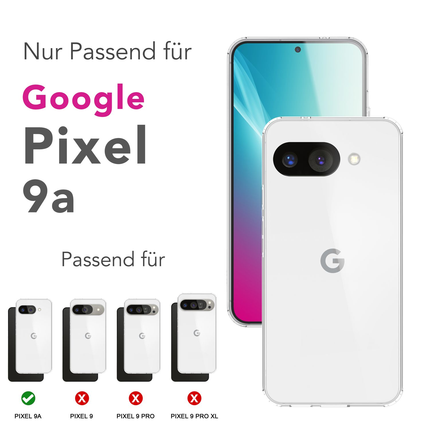 Pubblicità per custodia Google Pixel 9a con confronto modelli in basso.