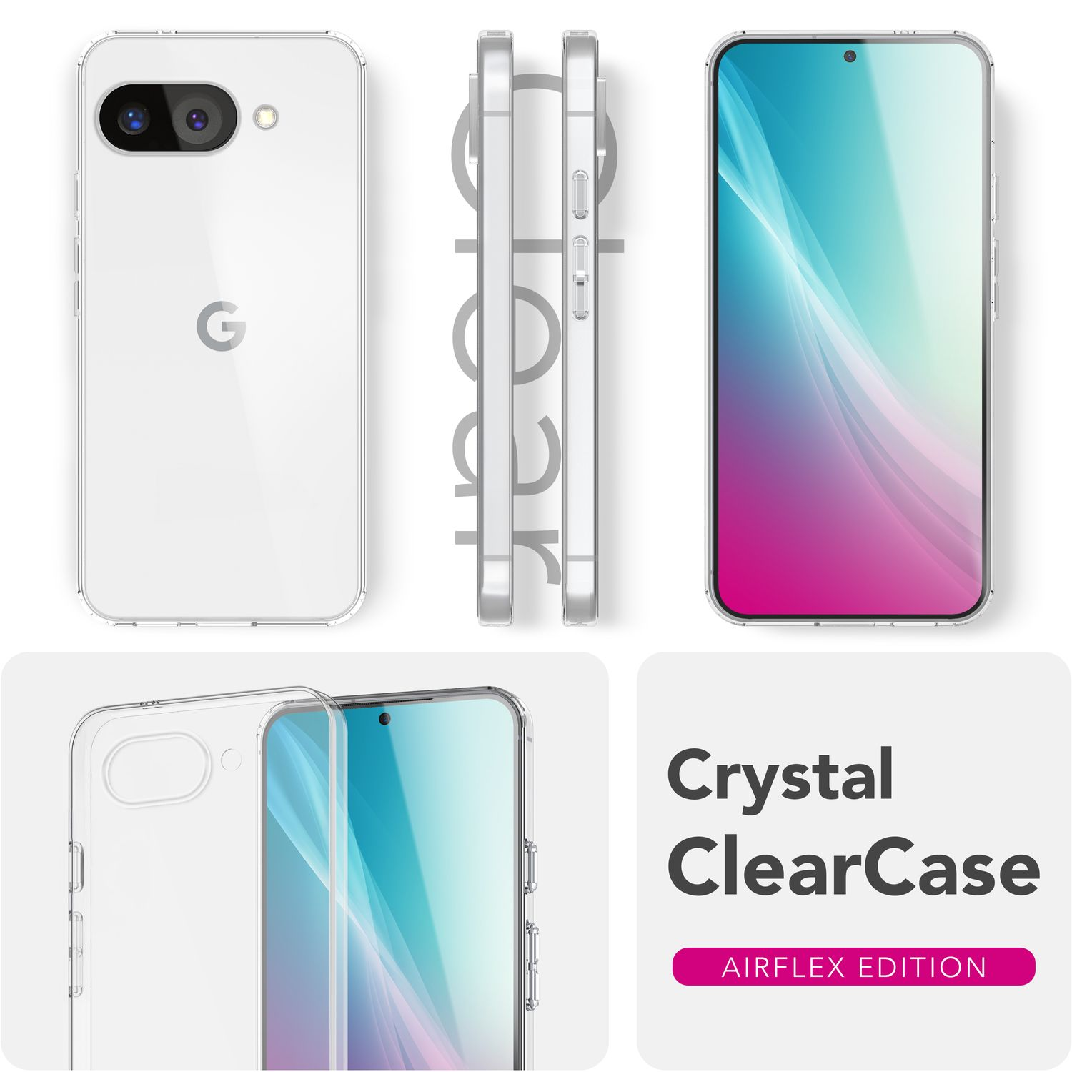 Viste multiple di una custodia Crystal Clear Case per smartphone con schermi vivaci e protezione trasparente.