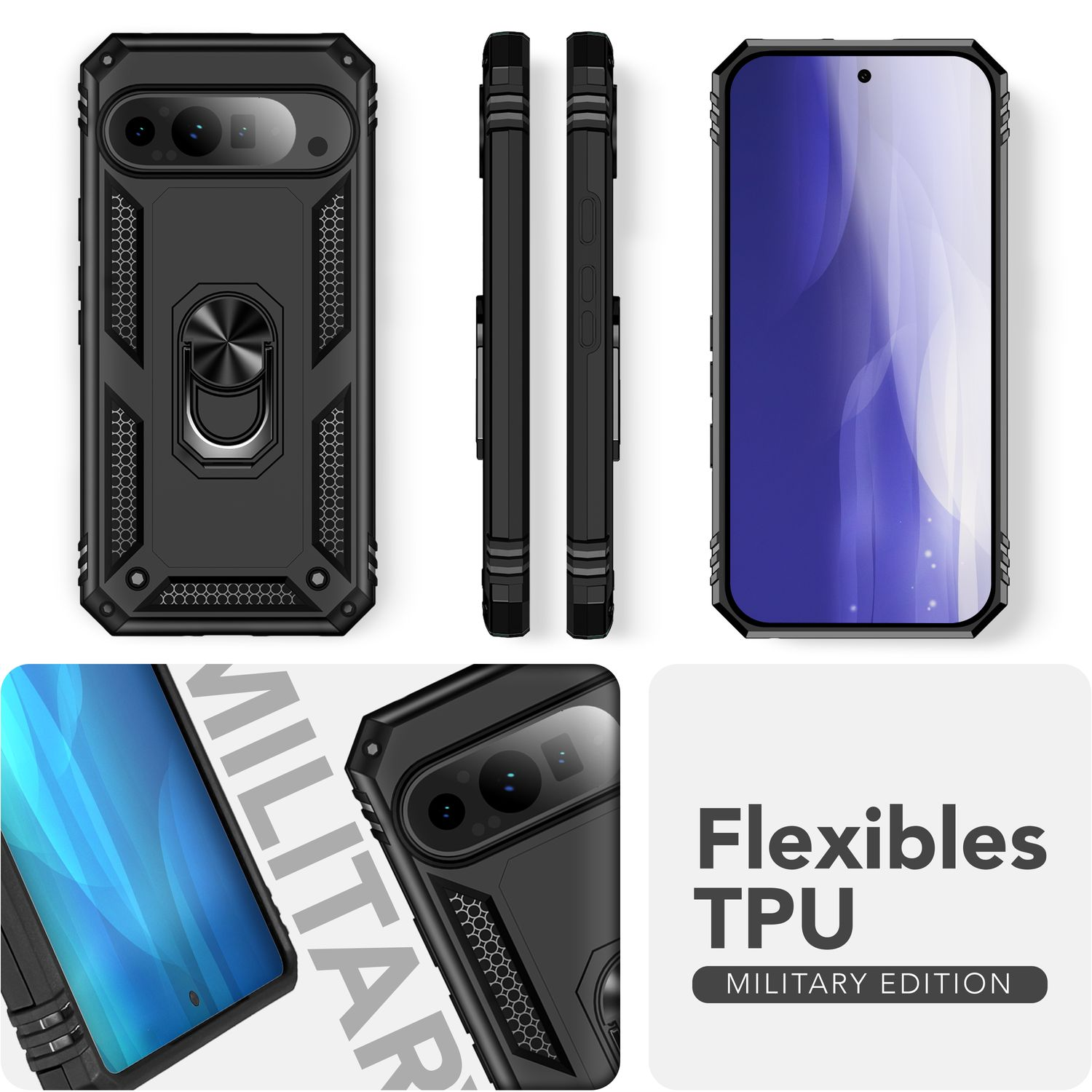 Custodia per telefono militare in TPU nero resistente con supporto ad anello, mostrata da più angolazioni.