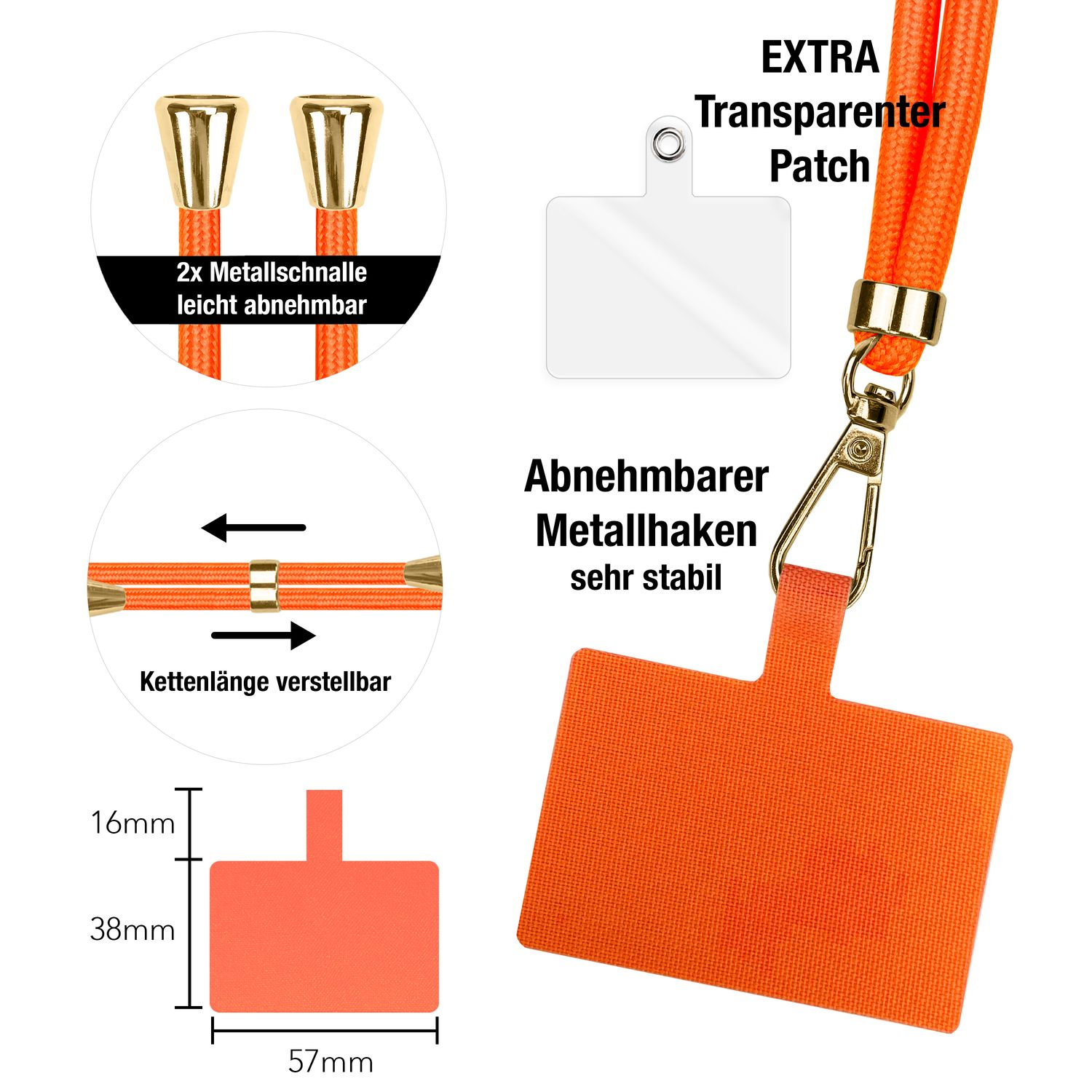 Tracolla arancione per telefono con dettagli metallici, lunghezza regolabile, patch trasparente e dimensioni.