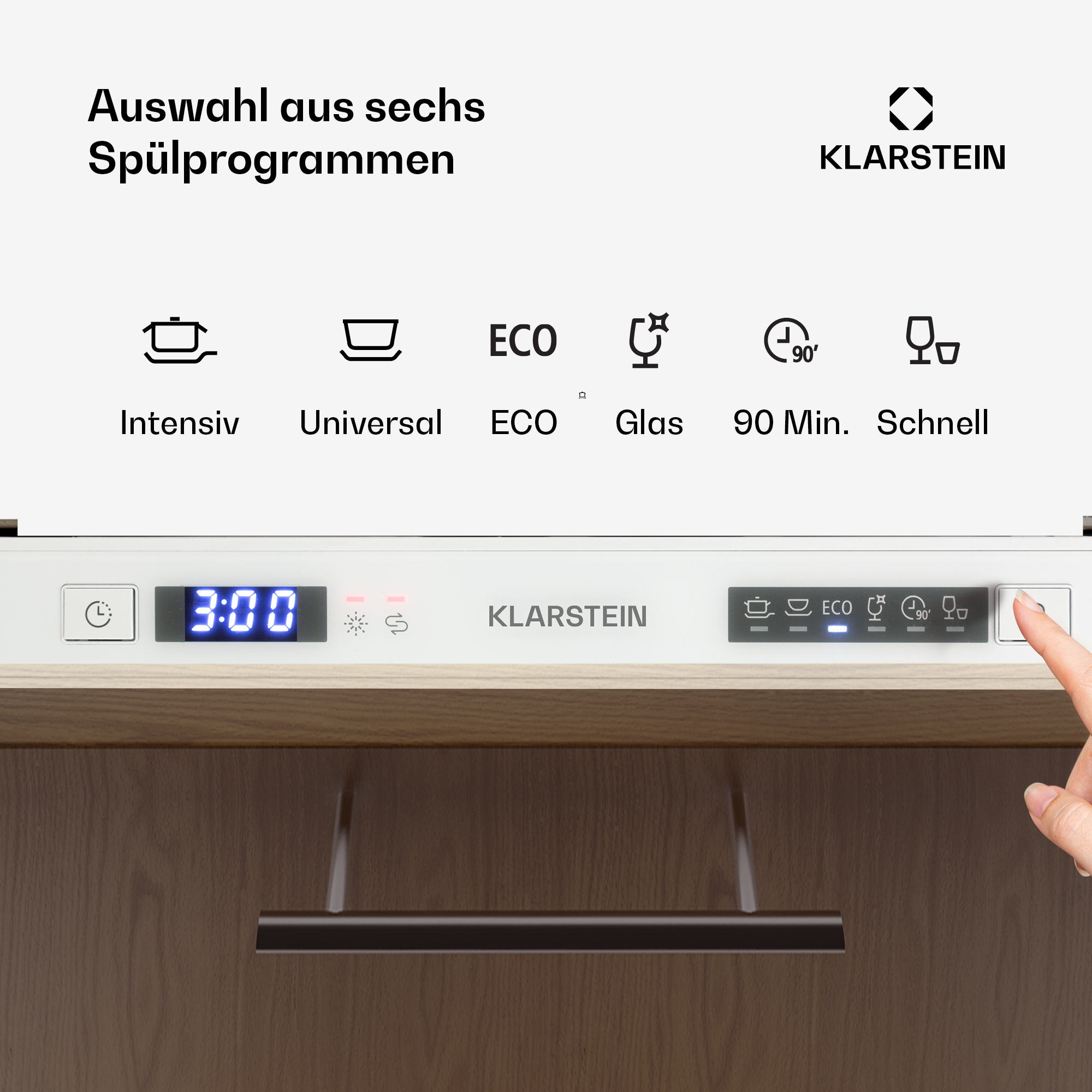 Pannello di controllo lavastoviglie Klarstein con sei programmi e display.