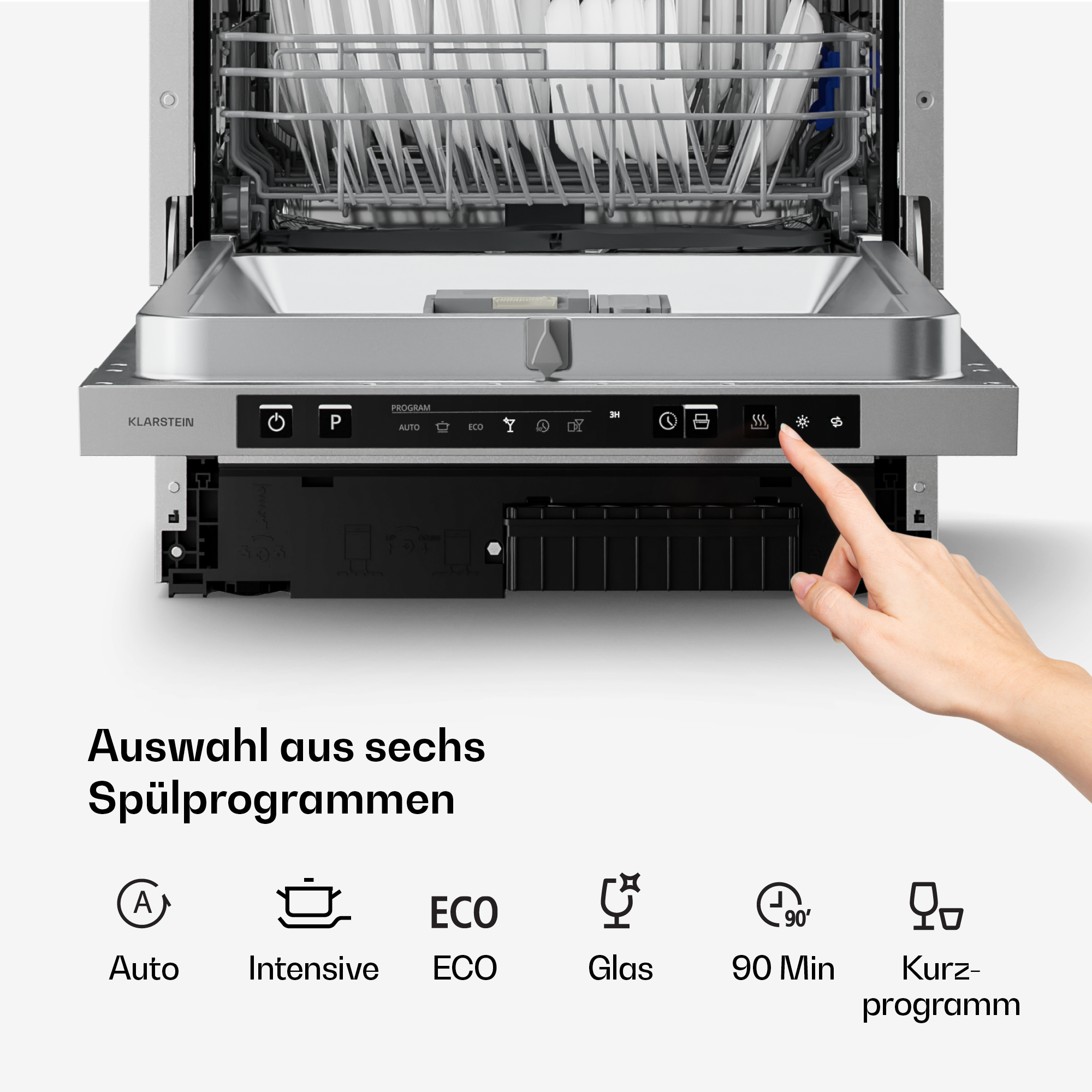 Hand bedient die Tasten eines offenen Geschirrspülers mit Symbolen für sechs Programme.