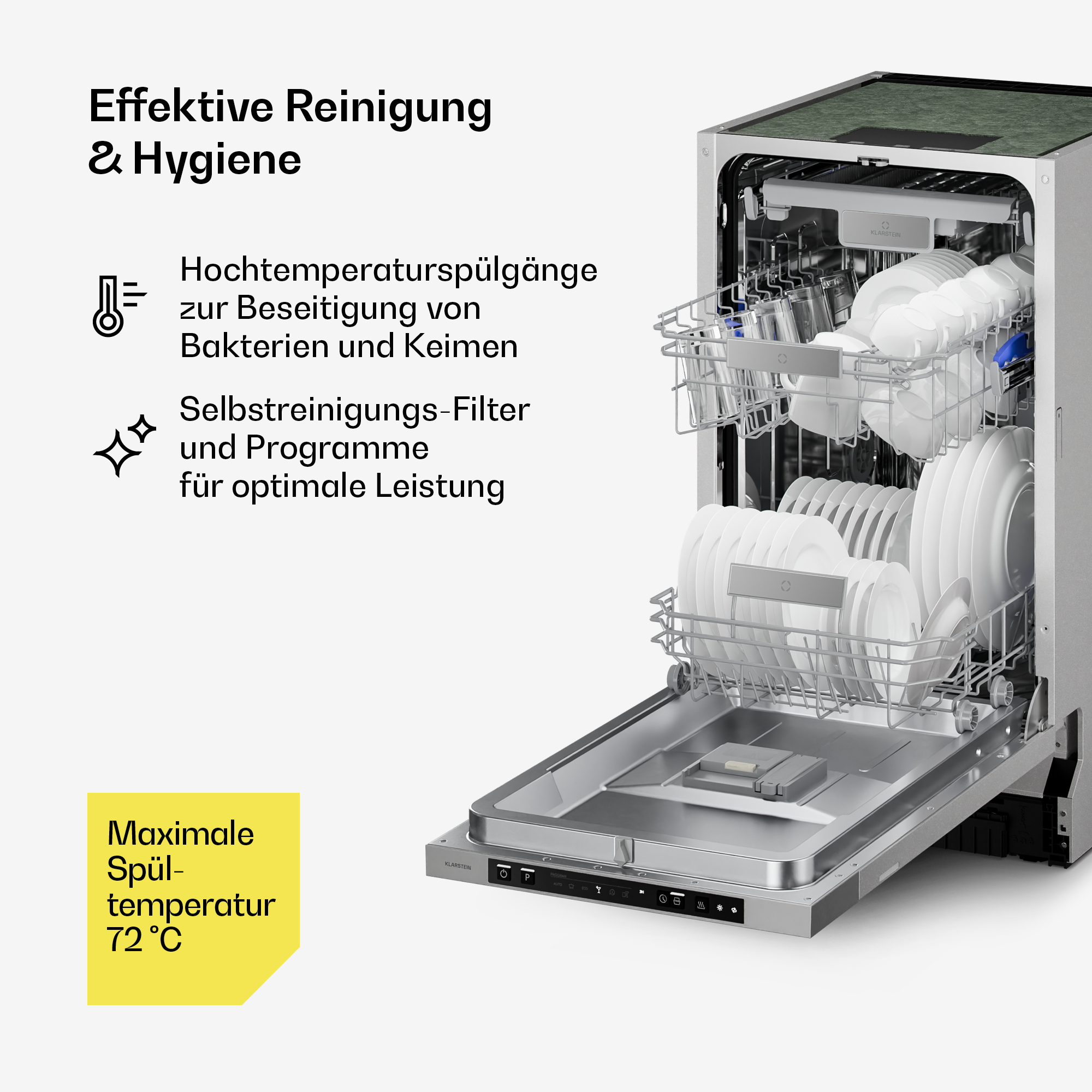 Eine geöffnete Spülmaschine mit weißem Geschirr und Text über Reinigung und 72 Grad Celsius.