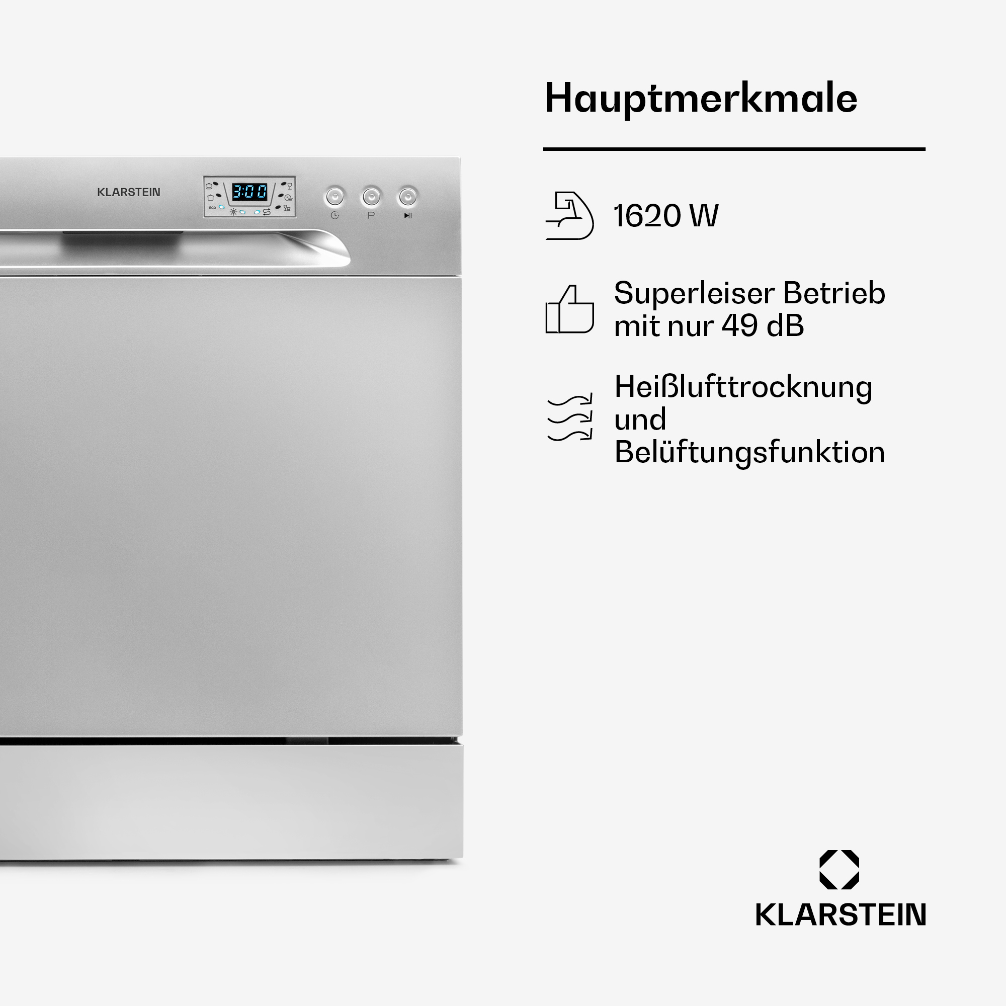 Lavastoviglie Klarstein con caratteristiche chiave come 1620W, 49dB e asciugatura ad aria.