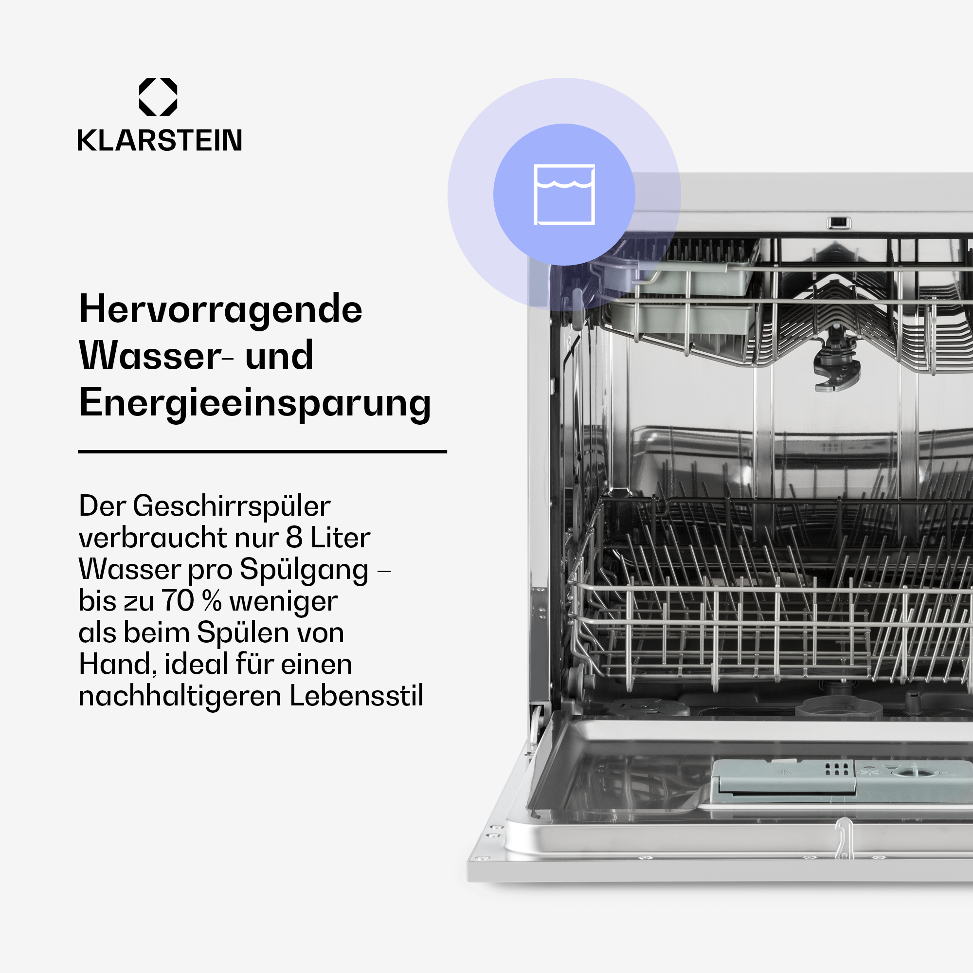 Lavastoviglie Klarstein aperta con testo in tedesco sul risparmio idrico ed energetico.