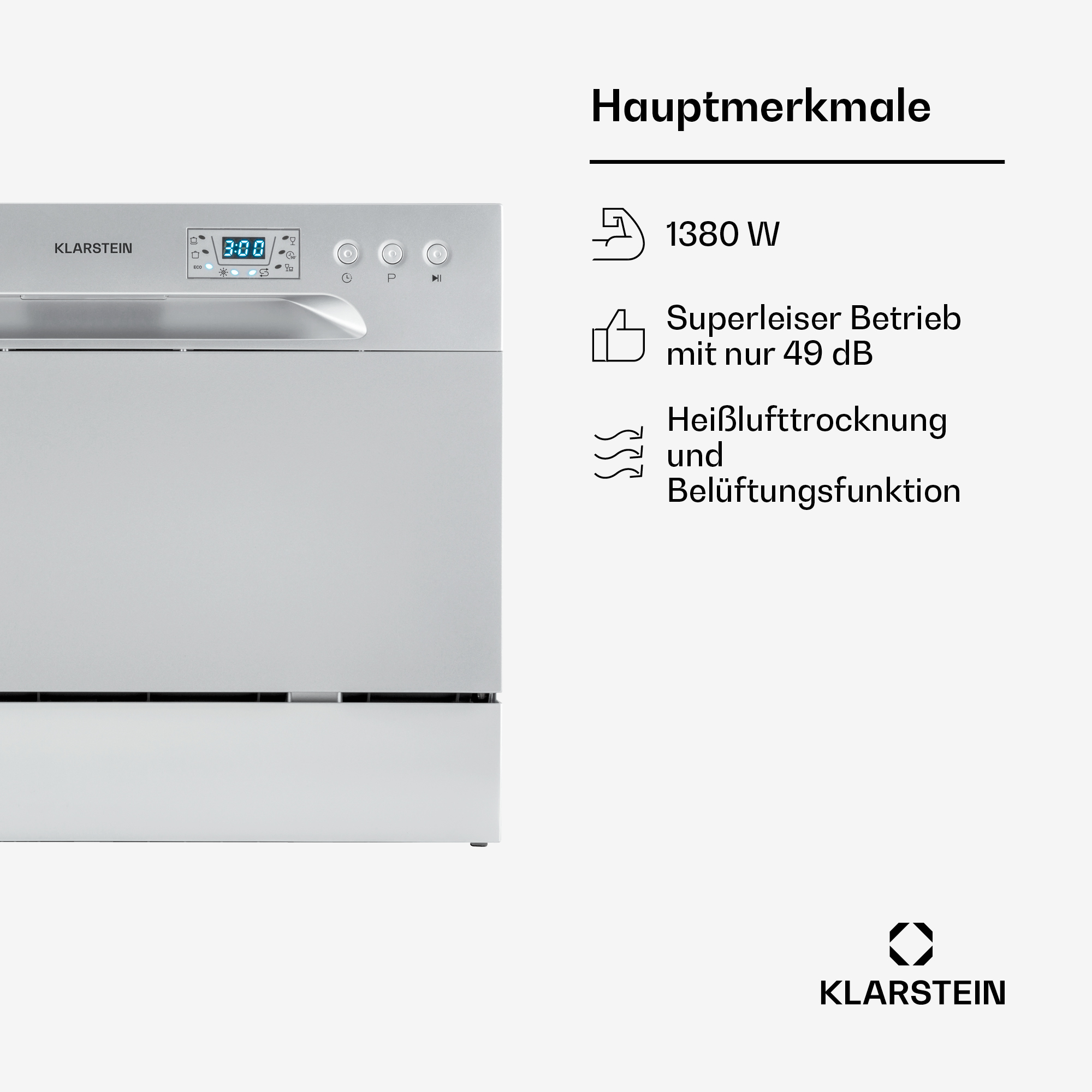 Lavastoviglie argentata Klarstein con 1380W, 49 dB e asciugatura ad aria calda.