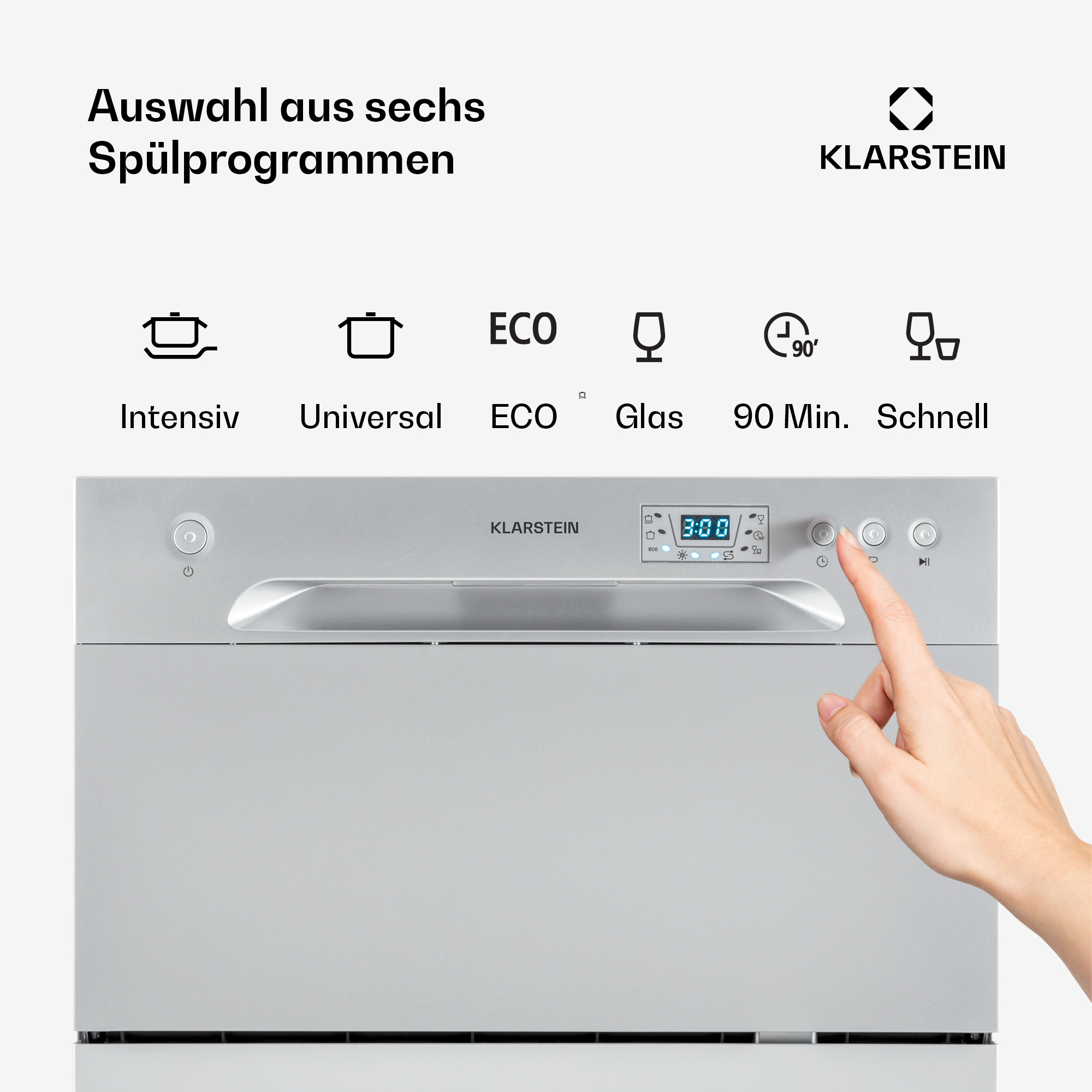 Mano che aziona una lavastoviglie Klarstein con sei programmi.