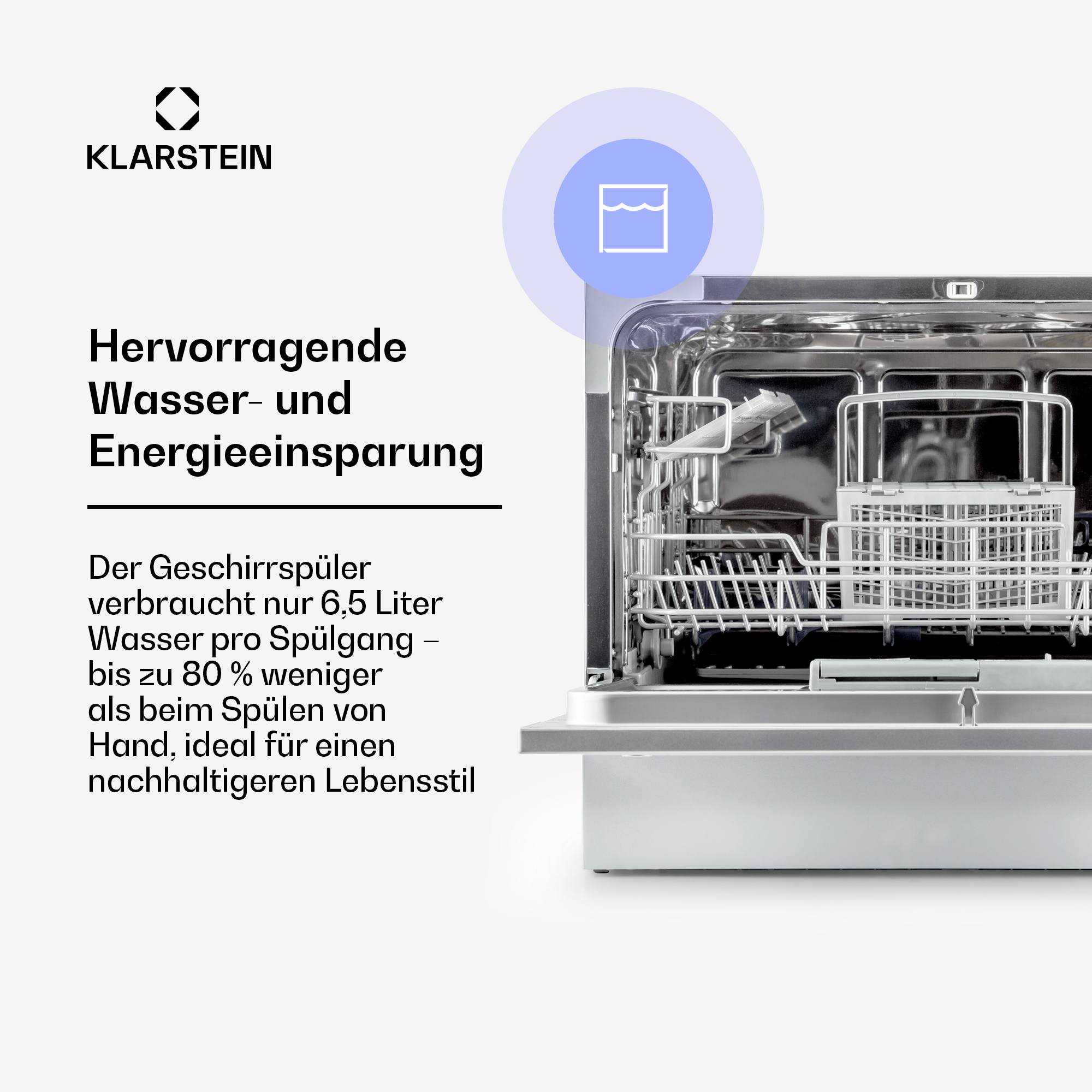 Lavastoviglie Klarstein con porta aperta e testo sul risparmio idrico ed energetico.