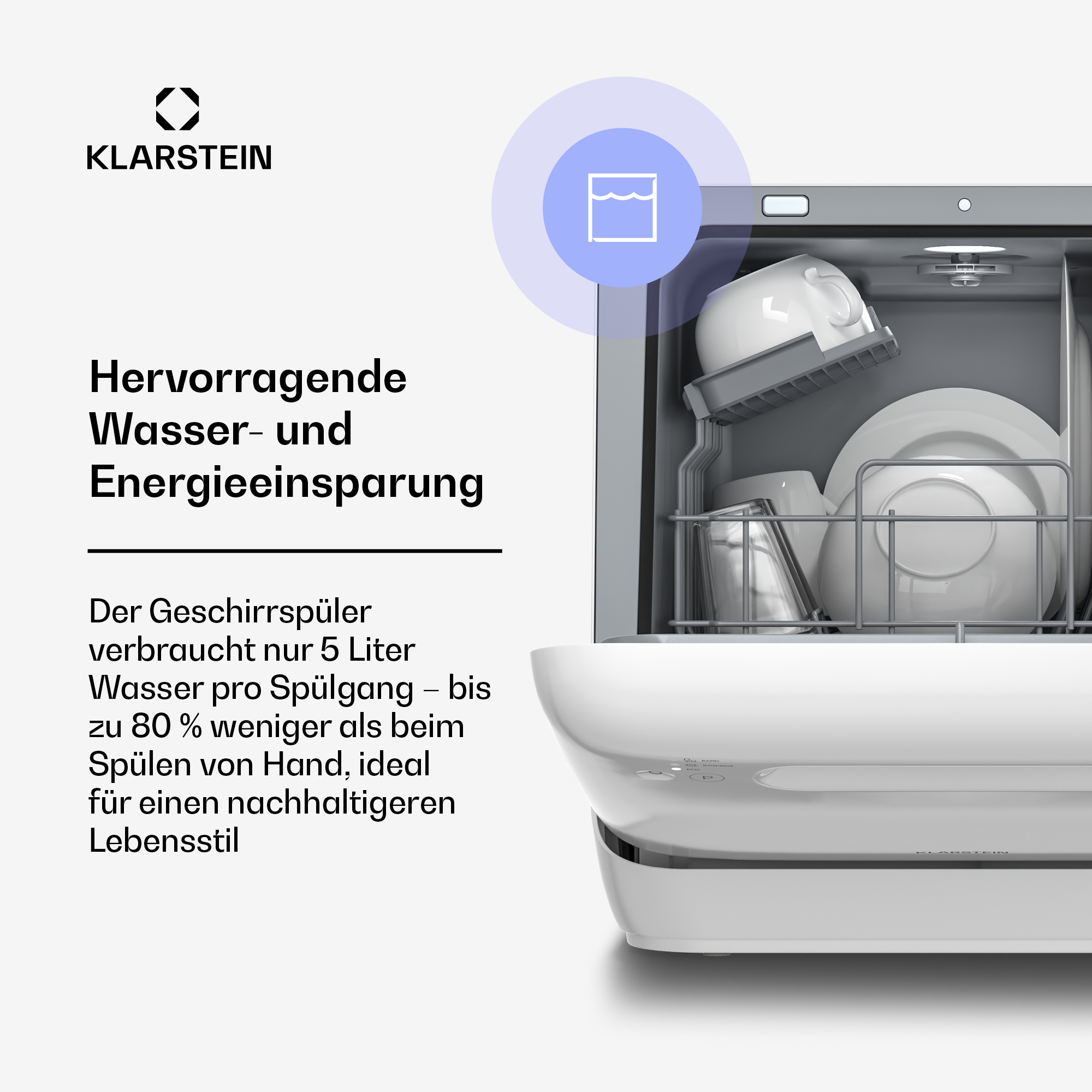 Lavastoviglie Klarstein con porta aperta e piatti puliti all'interno, su sfondo bianco con testo.