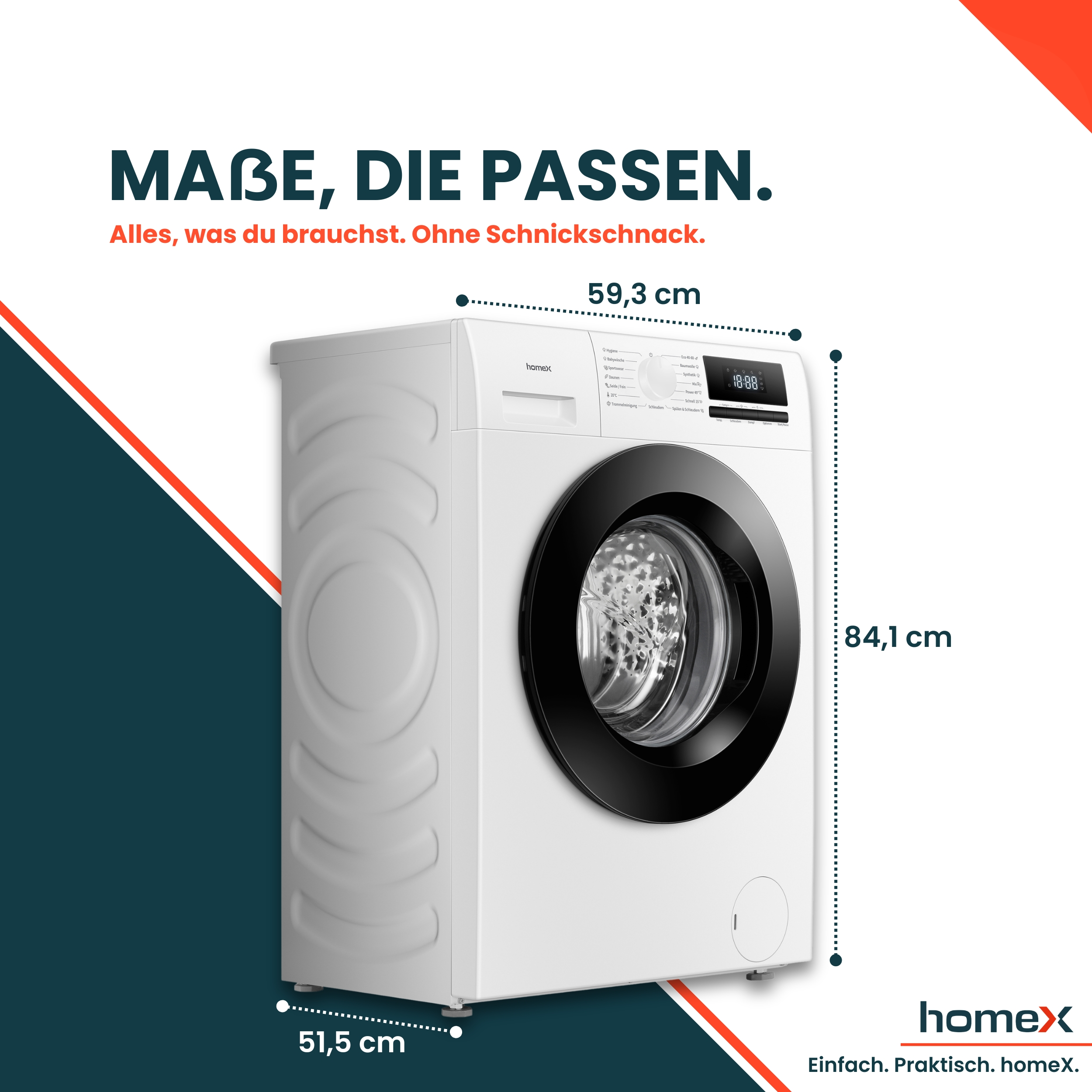 Weiße Homex Waschmaschine mit Maßen: 59,3 cm Breite, 84,1 cm Höhe und 51,5 cm Tiefe.