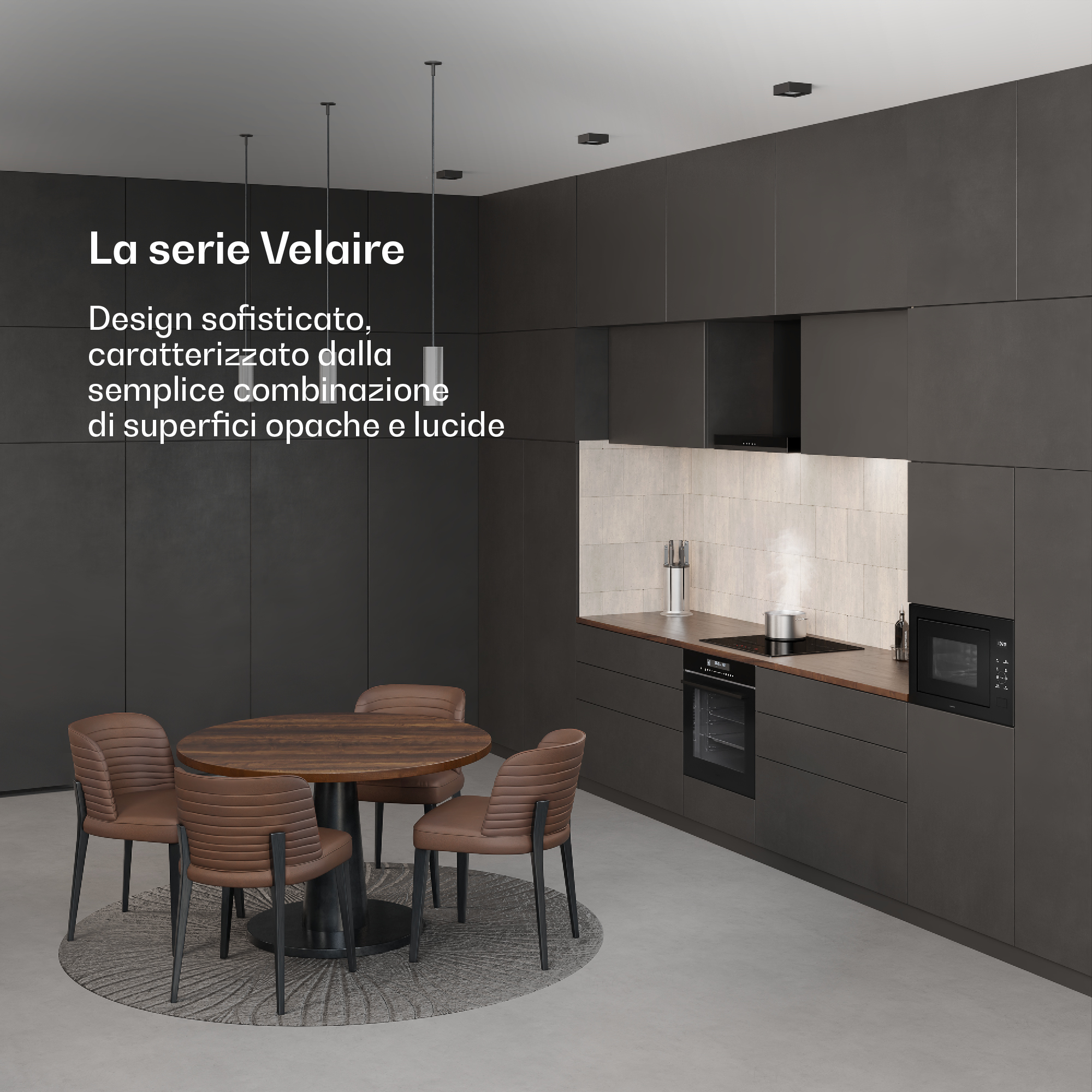 Moderna cucina grigio scuro con tavolo in legno e sedie marroni su tappeto tondo, con testo.