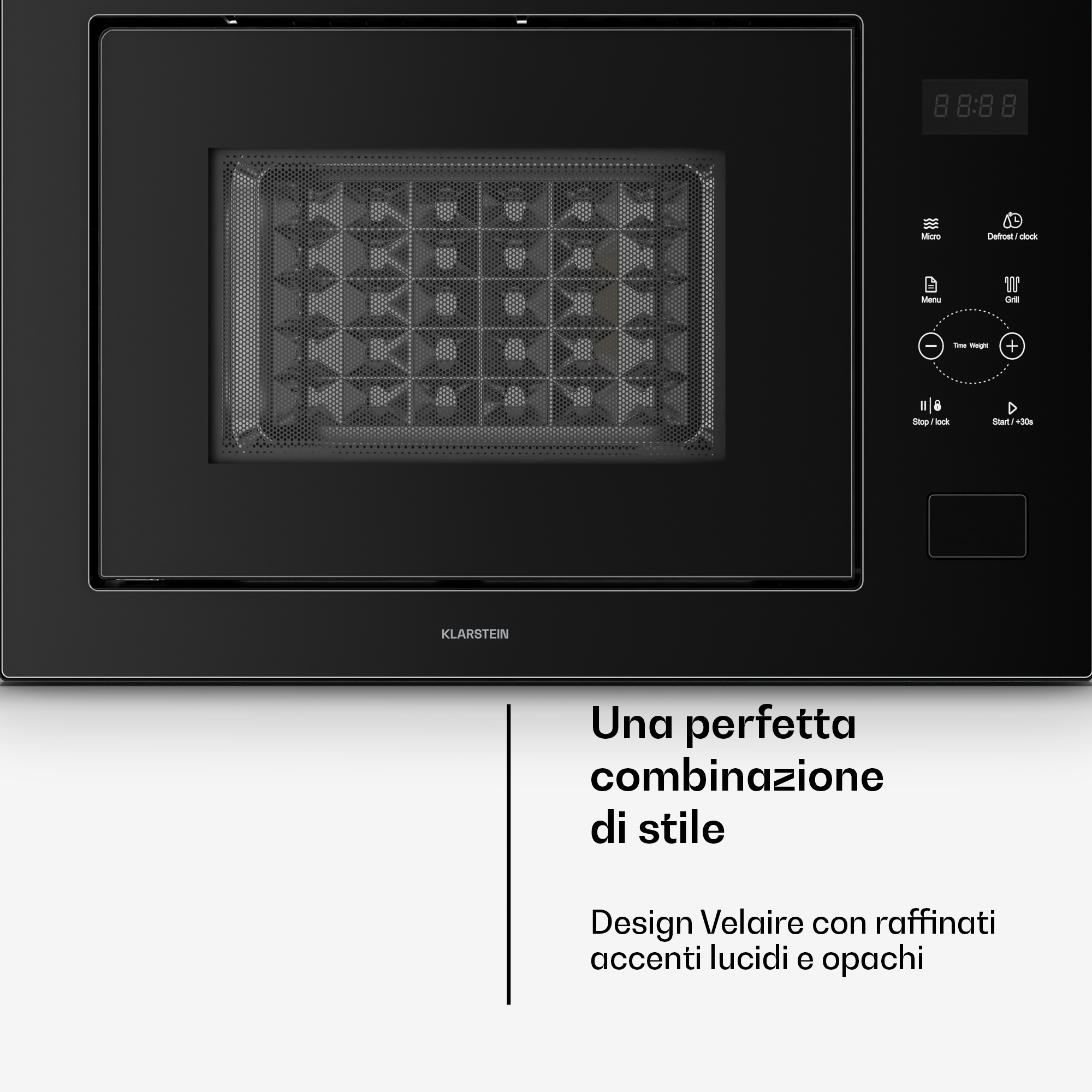 Un microonde da incasso nero con comandi digitali e testo sotto che recita Una perfetta combinazione di stile.