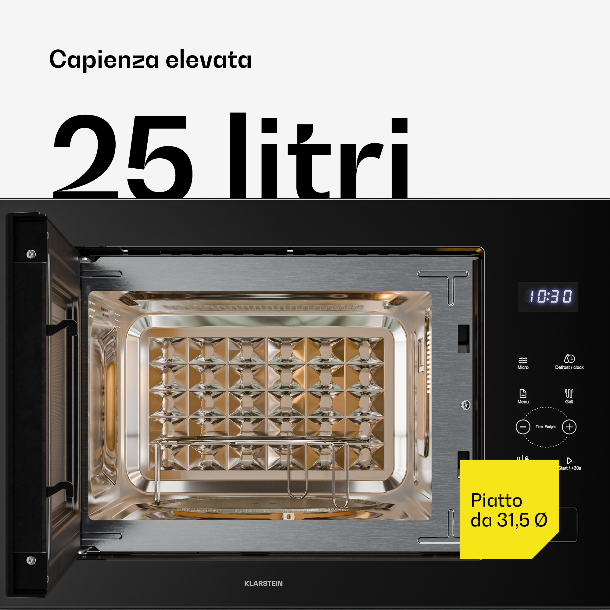 Microonde nero con sportello aperto, interno in acciaio inox e testo su 25 litri di capienza e piatto da 31,5 cm.