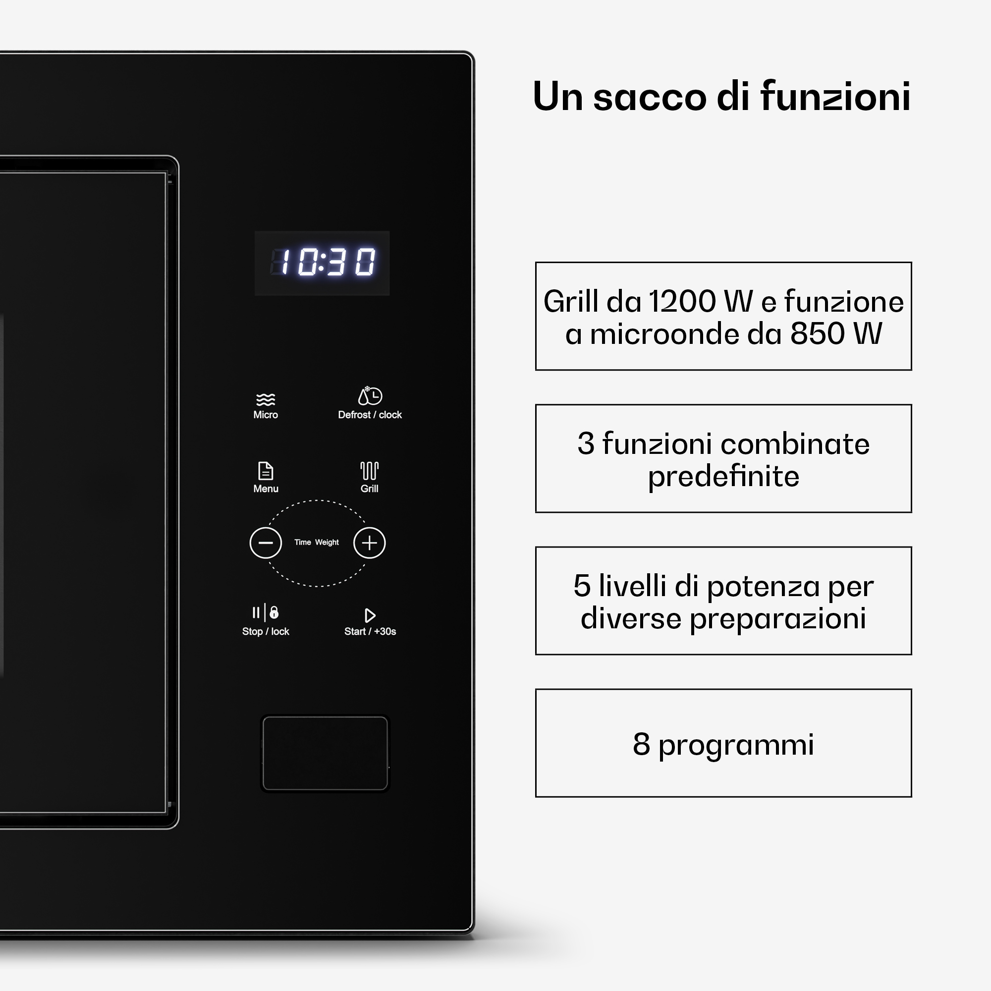 Pannello di controllo microonde nero con display a LED, pulsanti a sfioramento e caselle di testo a destra.