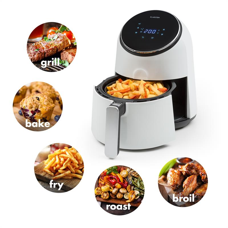 Eine weiße Heißluftfritteuse mit offenem Korb und Pommes frites, umgeben von fünf Kreisen mit grill-, back-, frittier-, röst- und broil-Bildern.