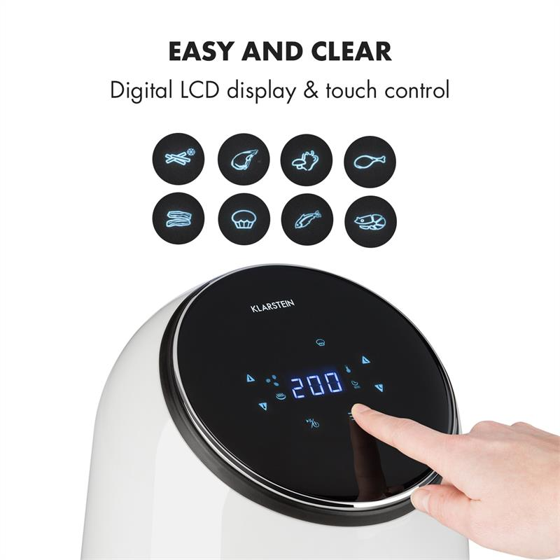 Hand berührt das digitale LCD-Display eines weißen Klarstein-Geräts mit Touch-Steuerung und Programmsymbolen.
