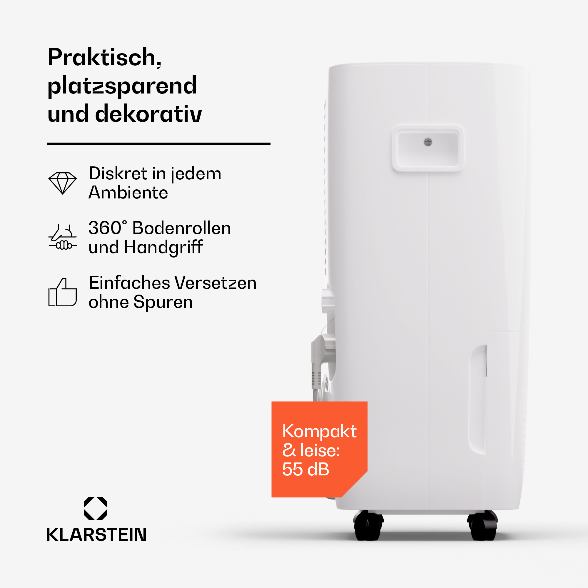Deumidificatore portatile bianco Klarstein su rotelle con testo in tedesco.