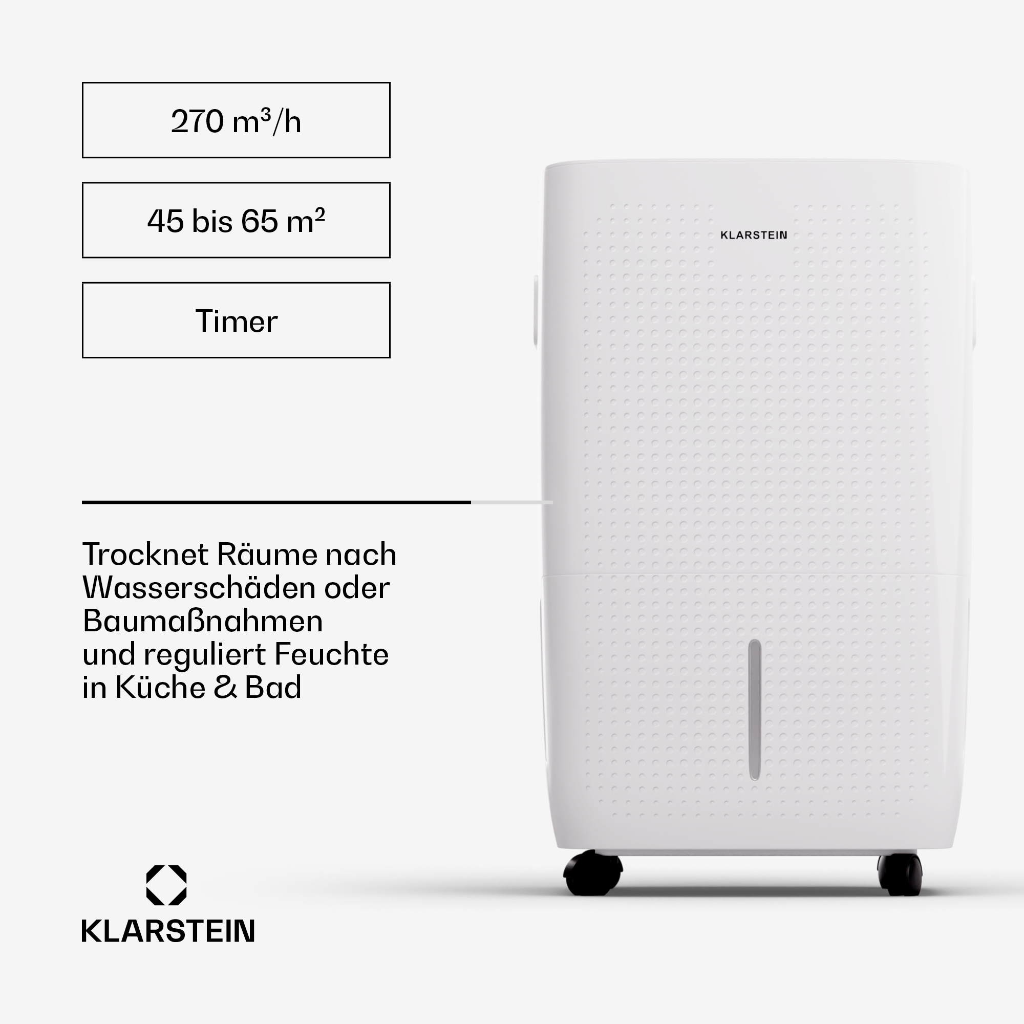 Deumidificatore Klarstein bianco su ruote con icone delle funzioni e testo in tedesco.