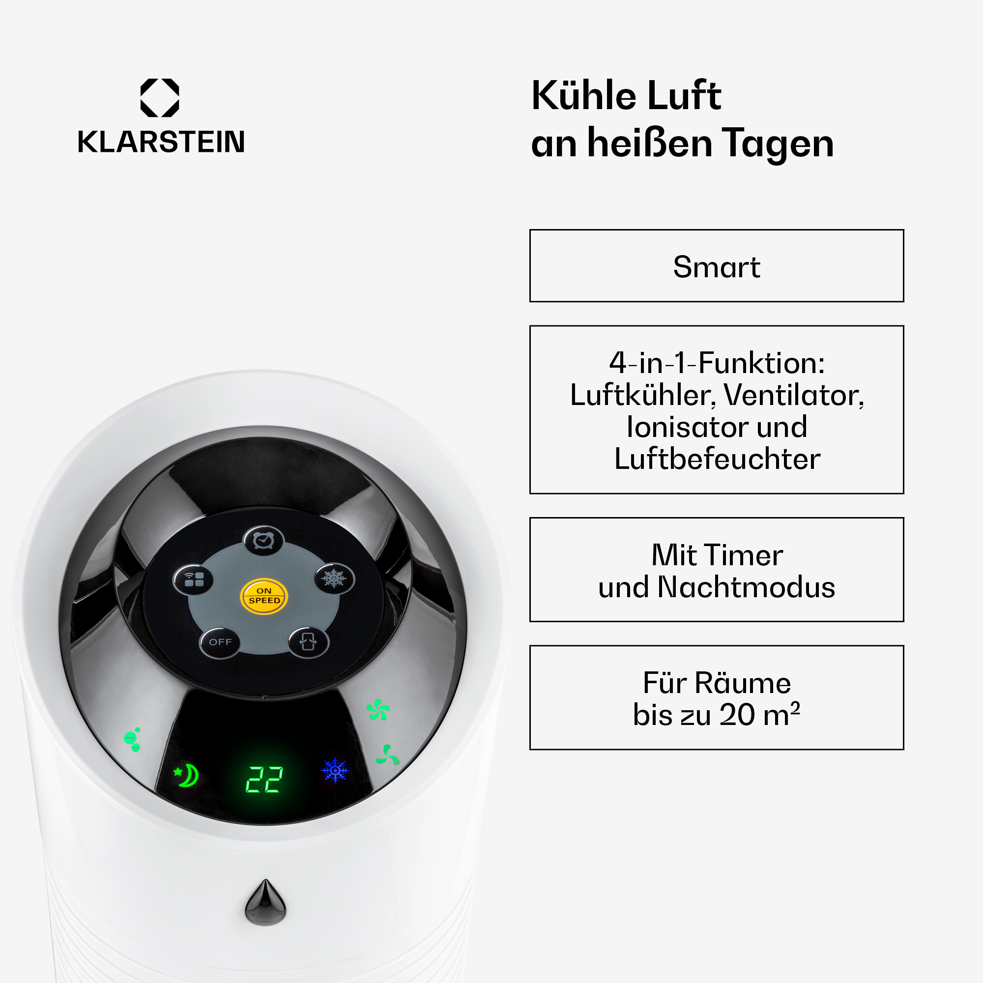 Klarstein-Luftkühler mit Steuerungsdisplay und Textfeldern, die Funktionen wie Timer und Raumgröße bis 20 m² beschreiben.
