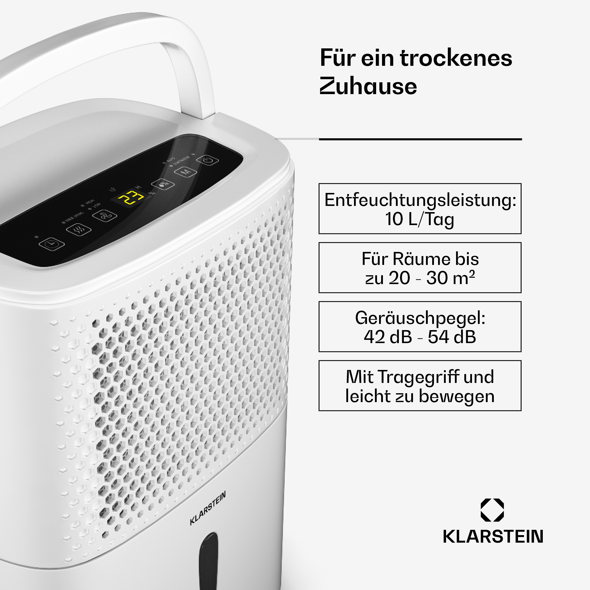 Weißer Klarstein Luftentfeuchter mit digitalem Bedienfeld und Infoboxen zu Leistung und Eigenschaften.