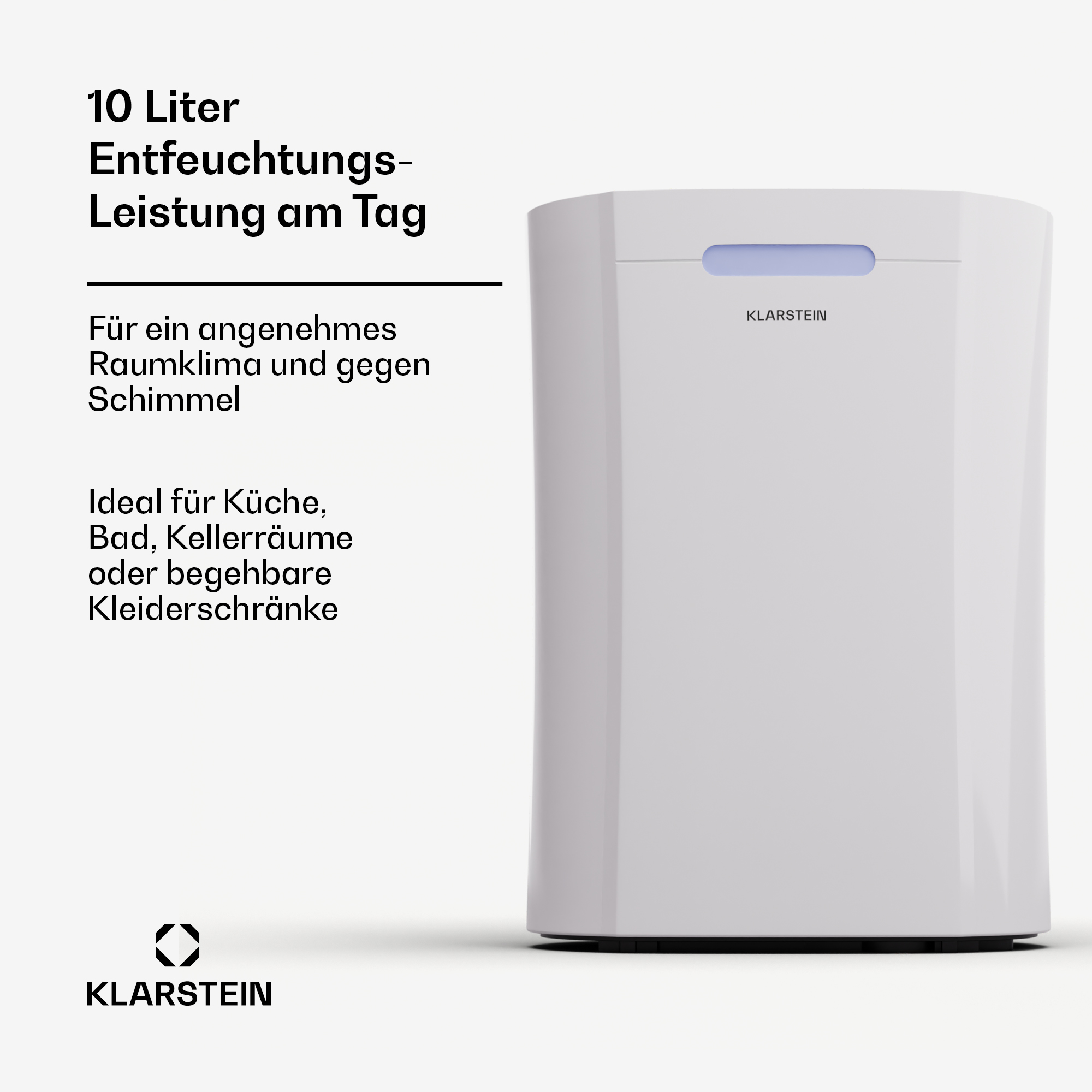 Deshumidificador blanco Klarstein con luz azul y texto sobre 10 litros de capacidad diaria.