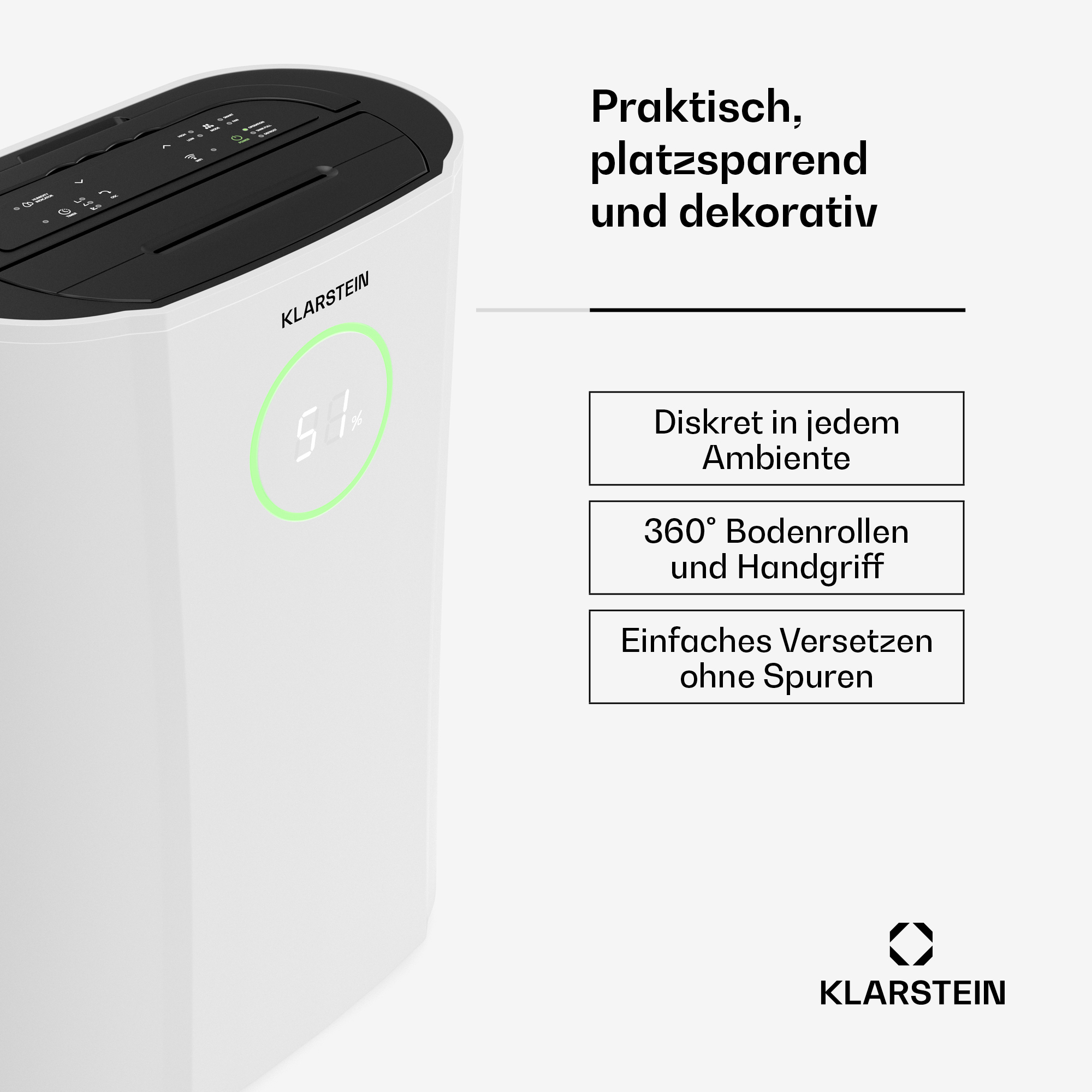 Klarstein Luftentfeuchter in Weiß mit digitaler Anzeige und deutschem Werbetext rechts.