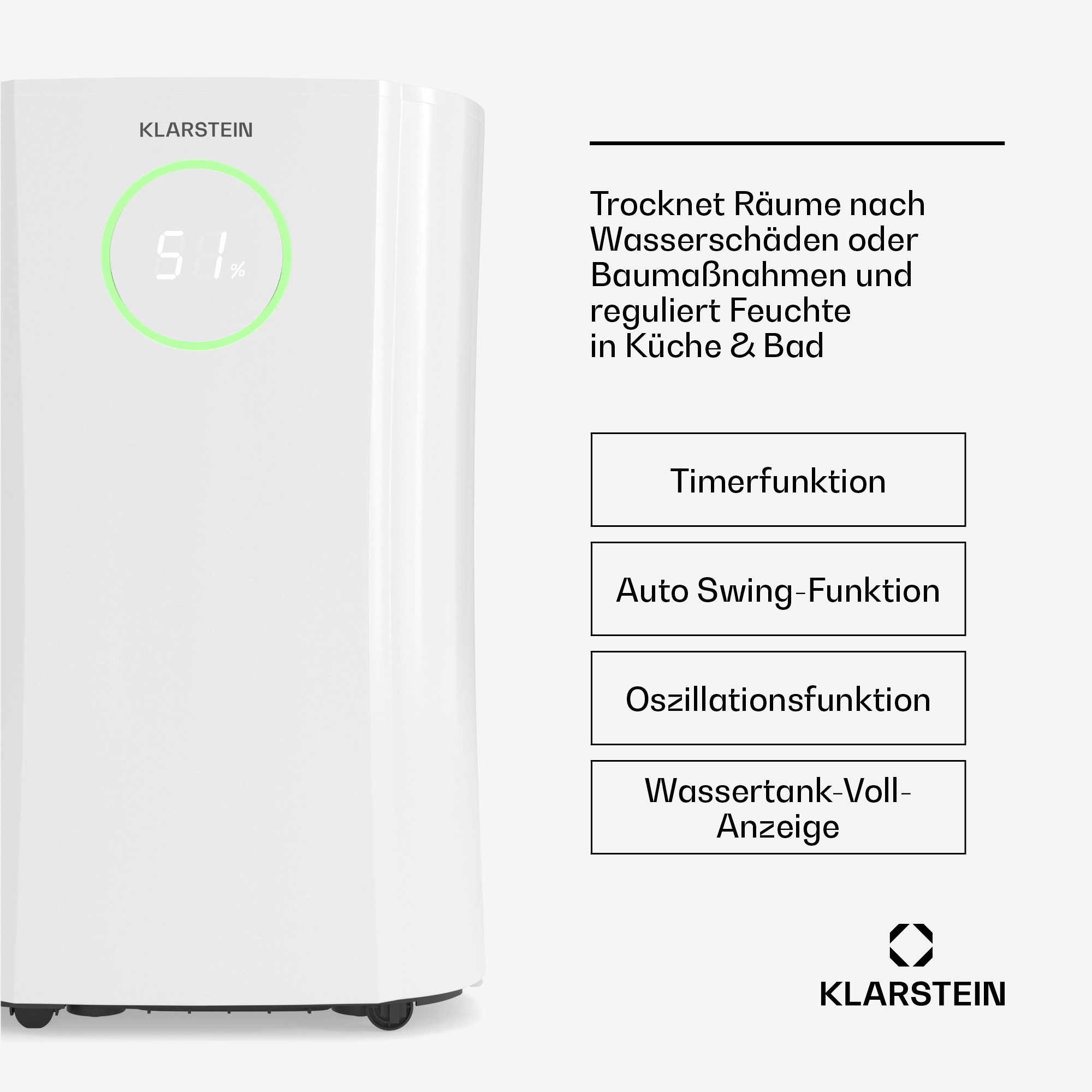 Weißer Klarstein Luftentfeuchter mit digitalem Display und Textfeldern über Funktionen wie Timer und Wassertank.