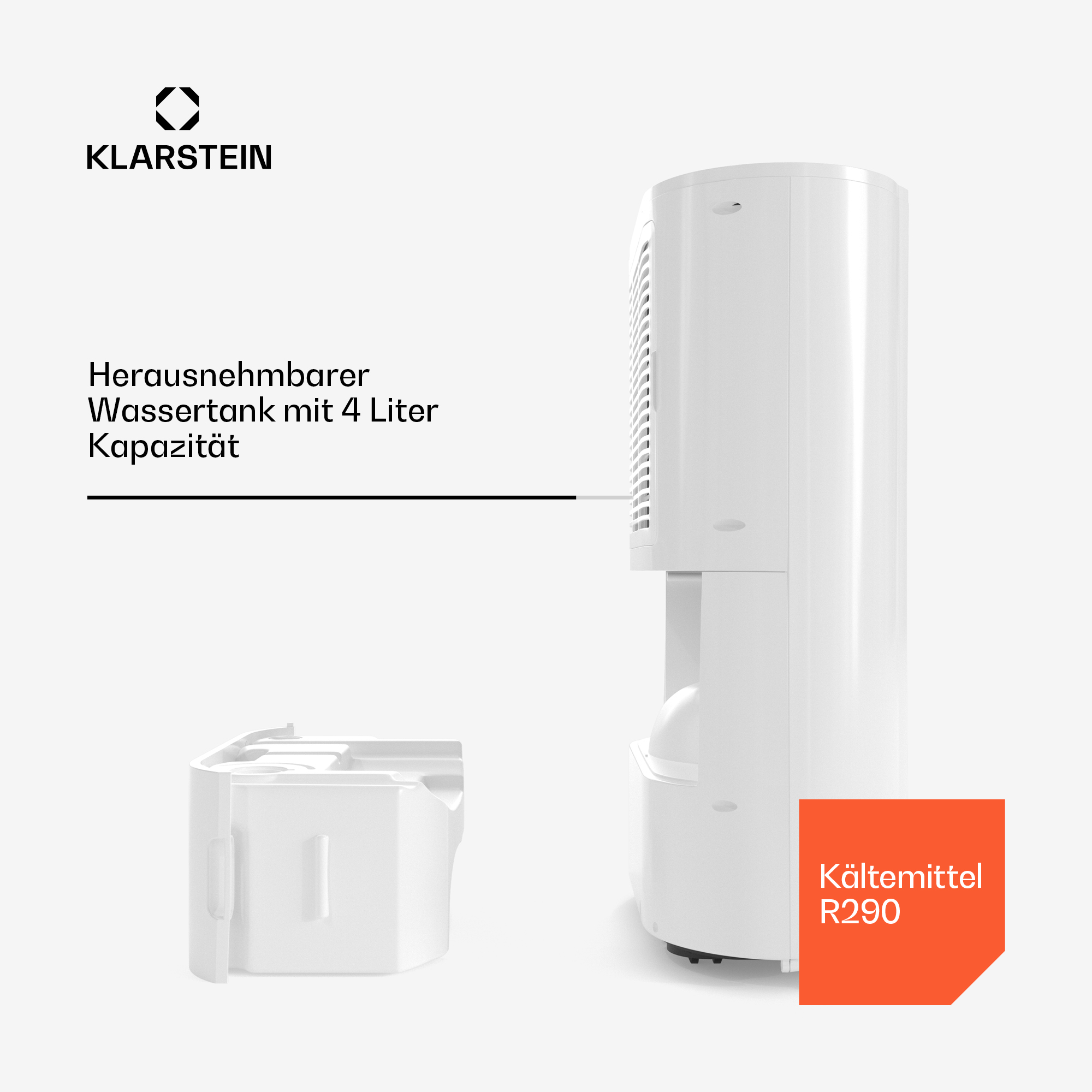 Weißer Klarstein Luftentfeuchter mit herausnehmbarem 4-Liter-Wassertank und Kältemittel R290.