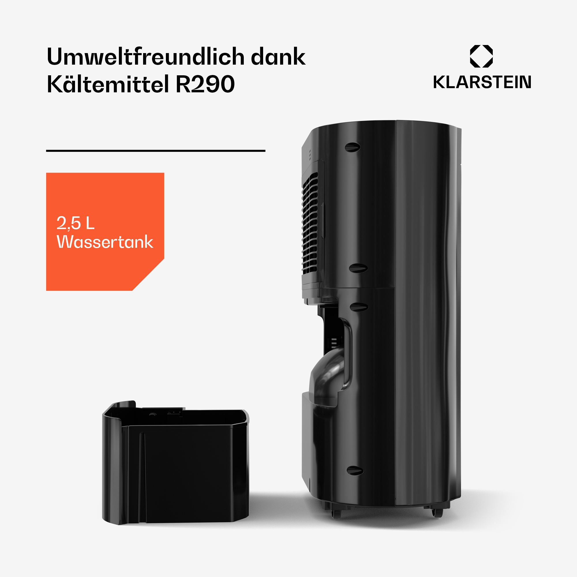 Deshumidificador negro Klarstein con un tanque de agua extraíble de 2,5 litros sobre fondo blanco.
