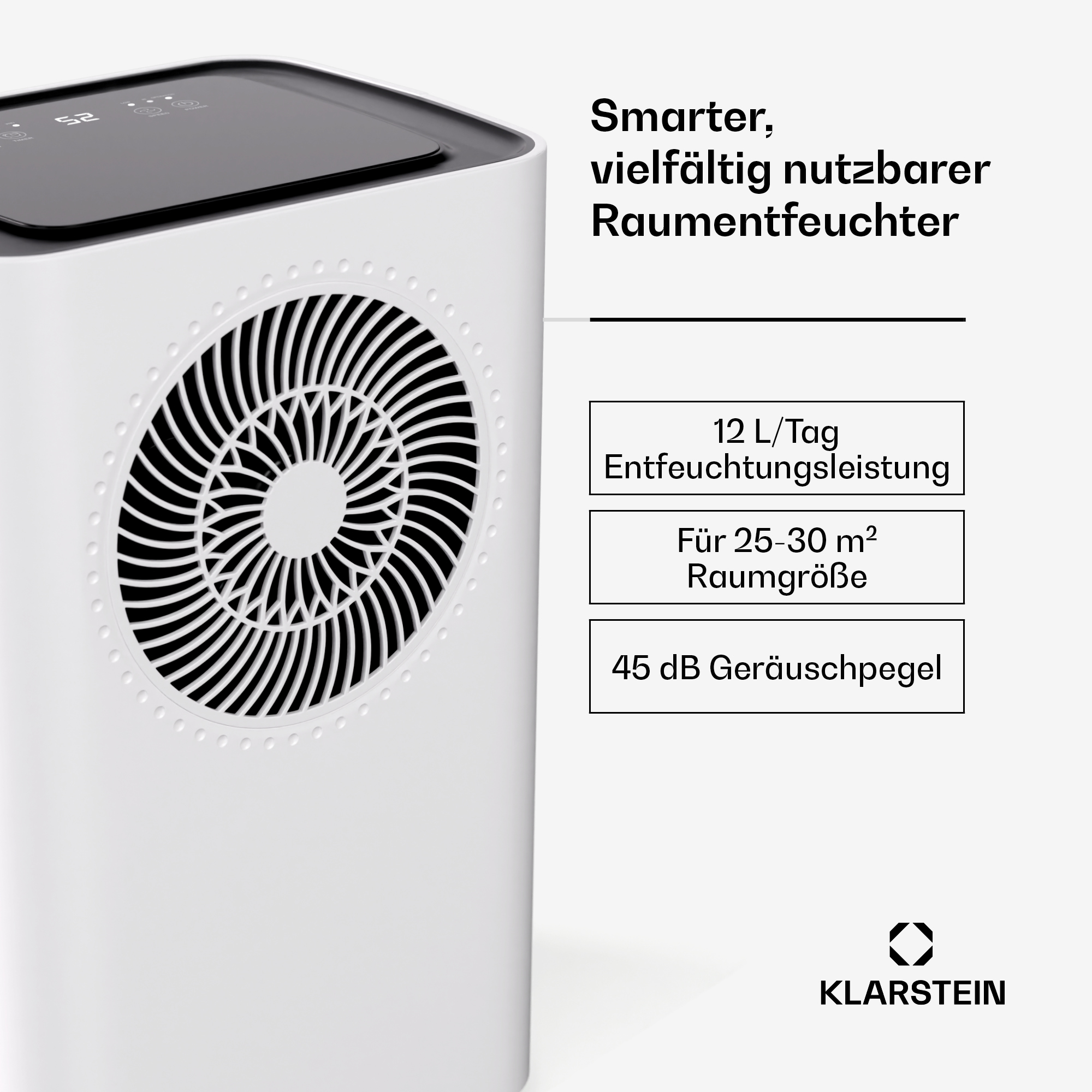 Deumidificatore bianco Klarstein con pannello superiore nero, griglia circolare e testi in tedesco.