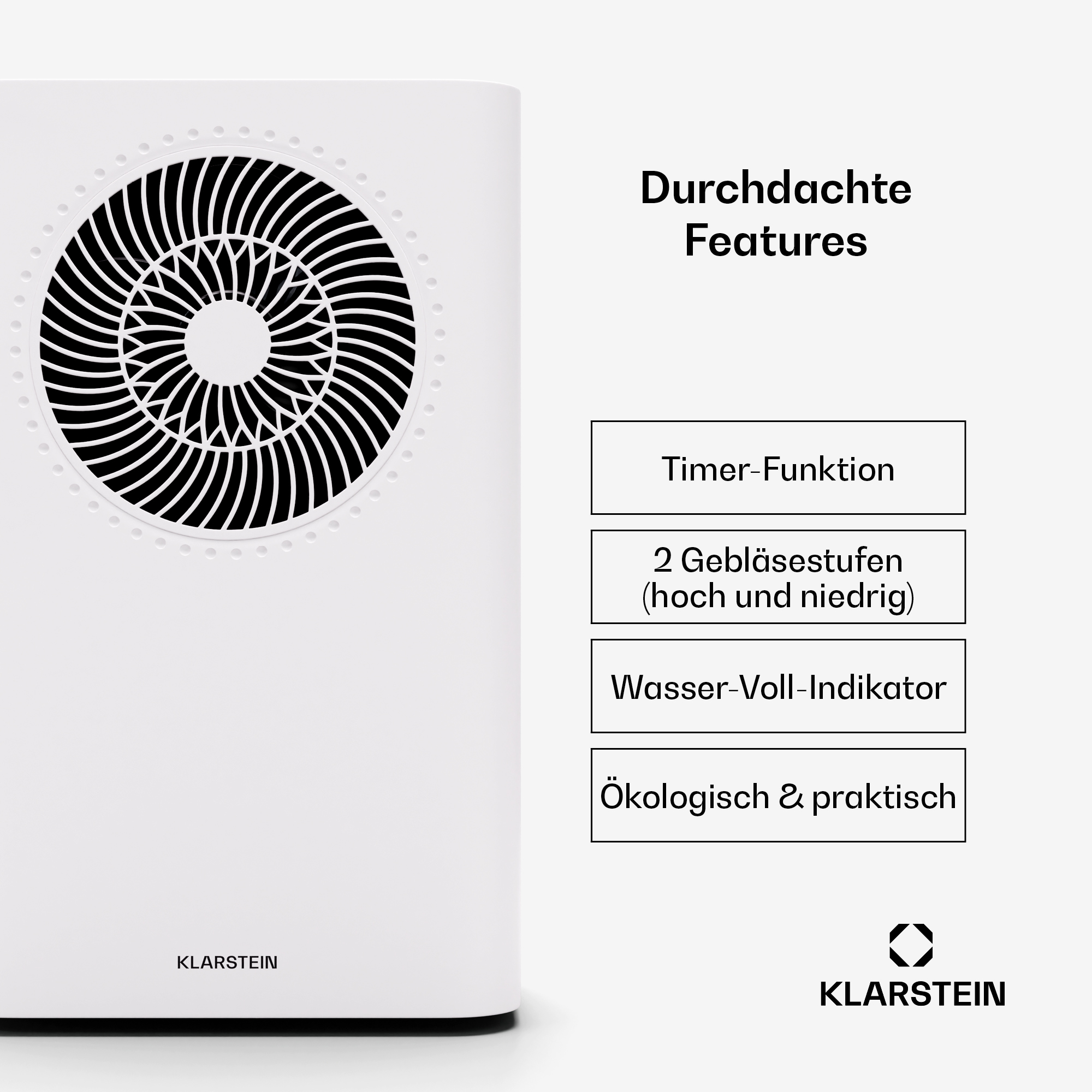 Dispositivo Klarstein con alette nere e caselle di testo per timer, 2 velocità e indicatore dell'acqua.