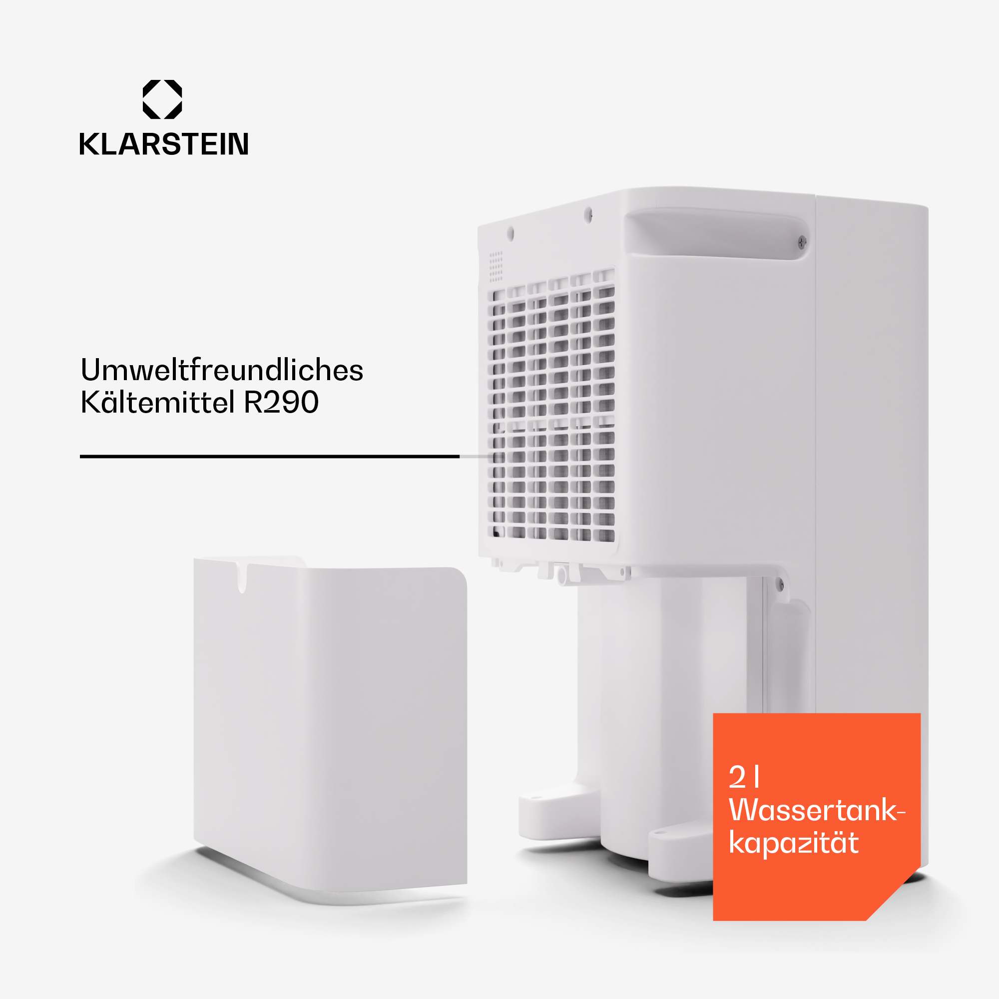Deumidificatore Klarstein bianco con serbatoio dell'acqua rimovibile su sfondo bianco.